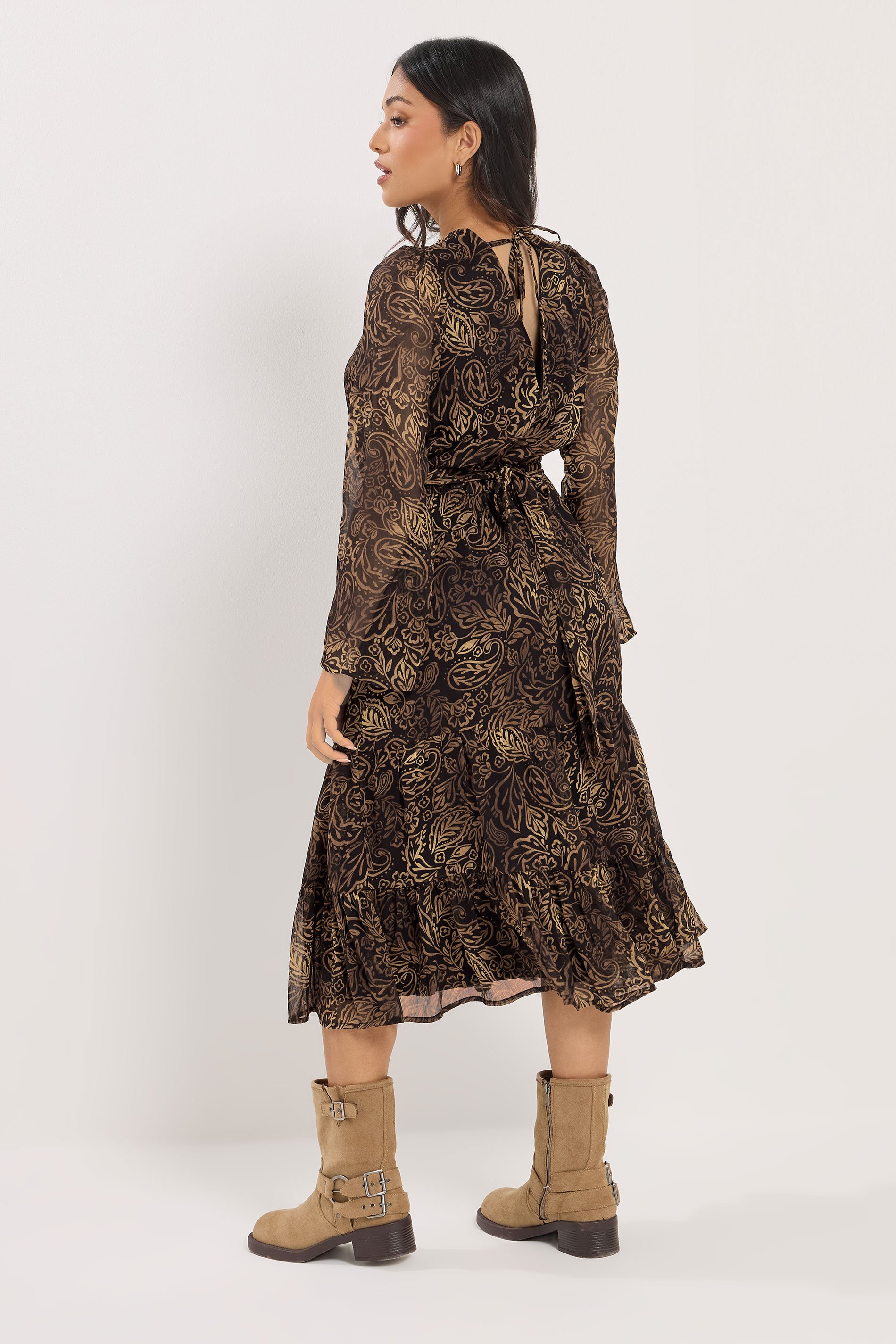 PixieGirl Petite Women's Black & Brown Leaf Midi Dress | PixieGirl 3