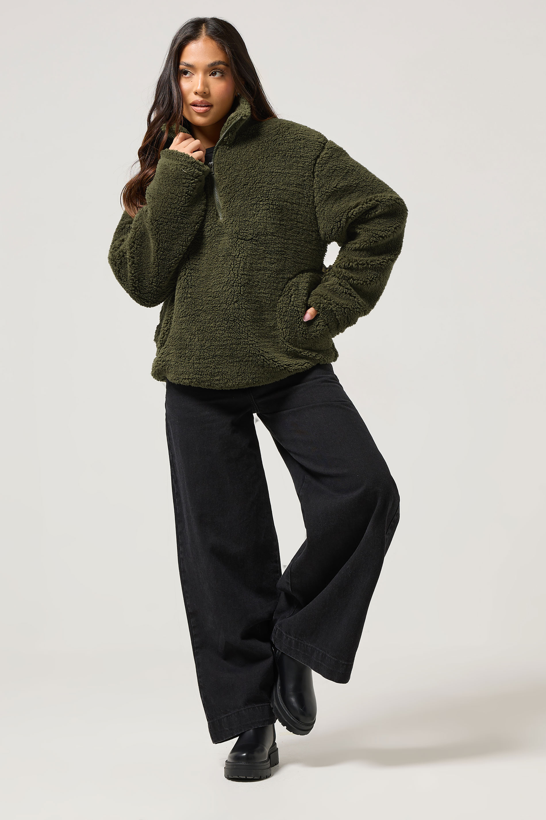 PixieGirl Petite Women's Khaki Green Half Zip Fleece Jacket | PixieGirl 3