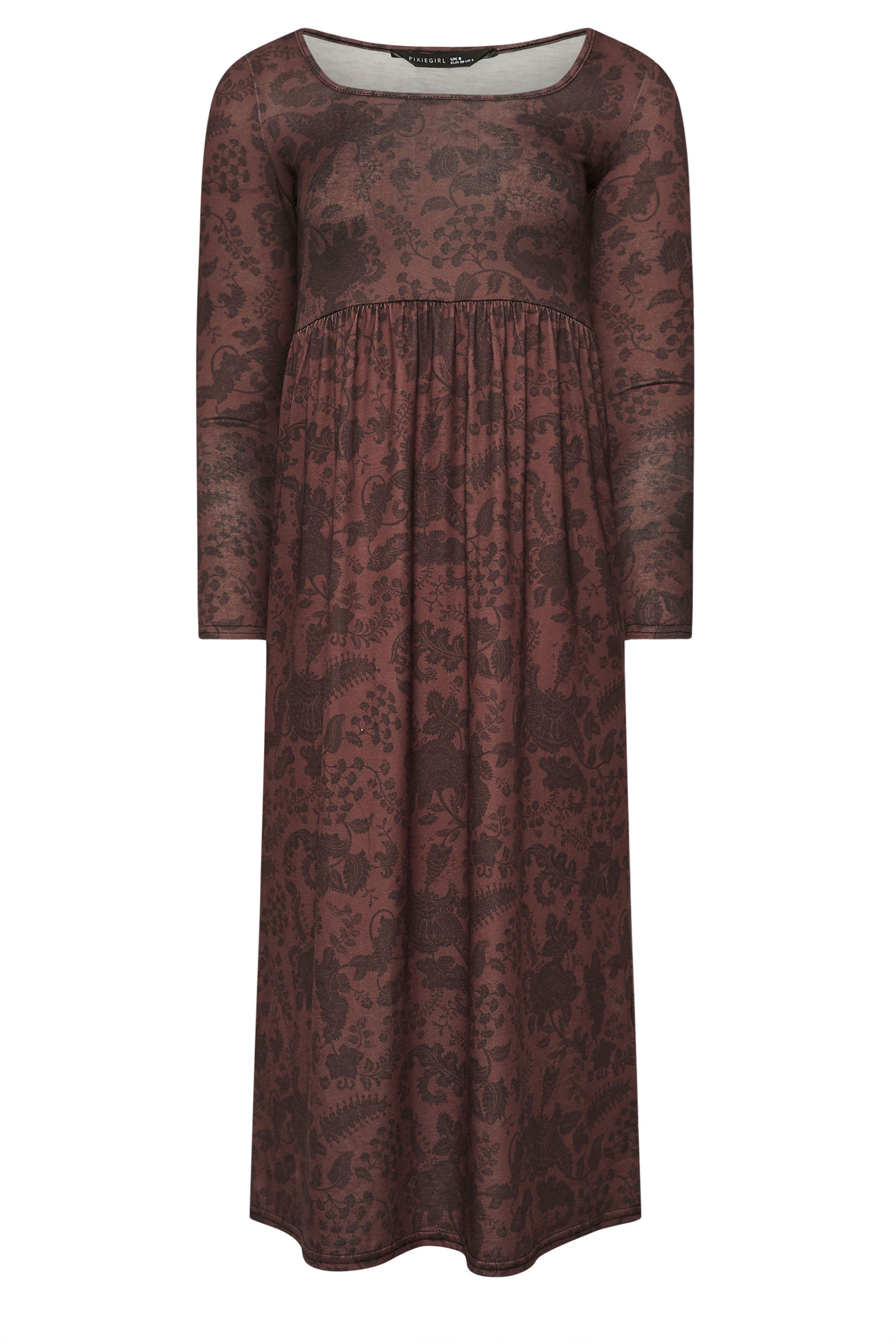 PixieGirl Petite Women's Brown Paisley Print Midi Tea Dress | PixieGirl 5