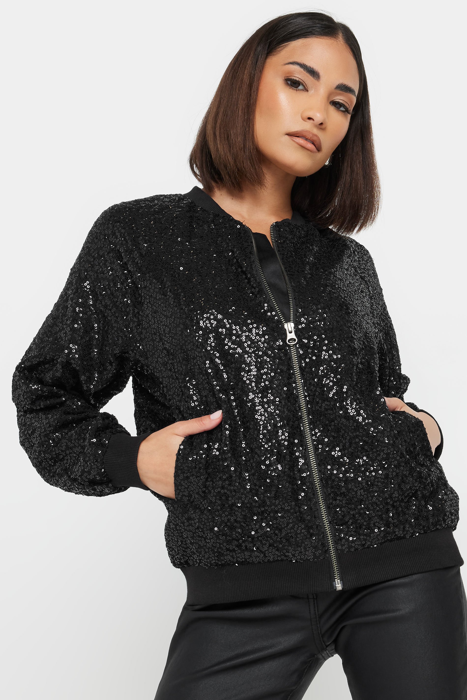 PixieGirl Petite Women's Black Sequin Bomber Jacket | PixieGirl 2