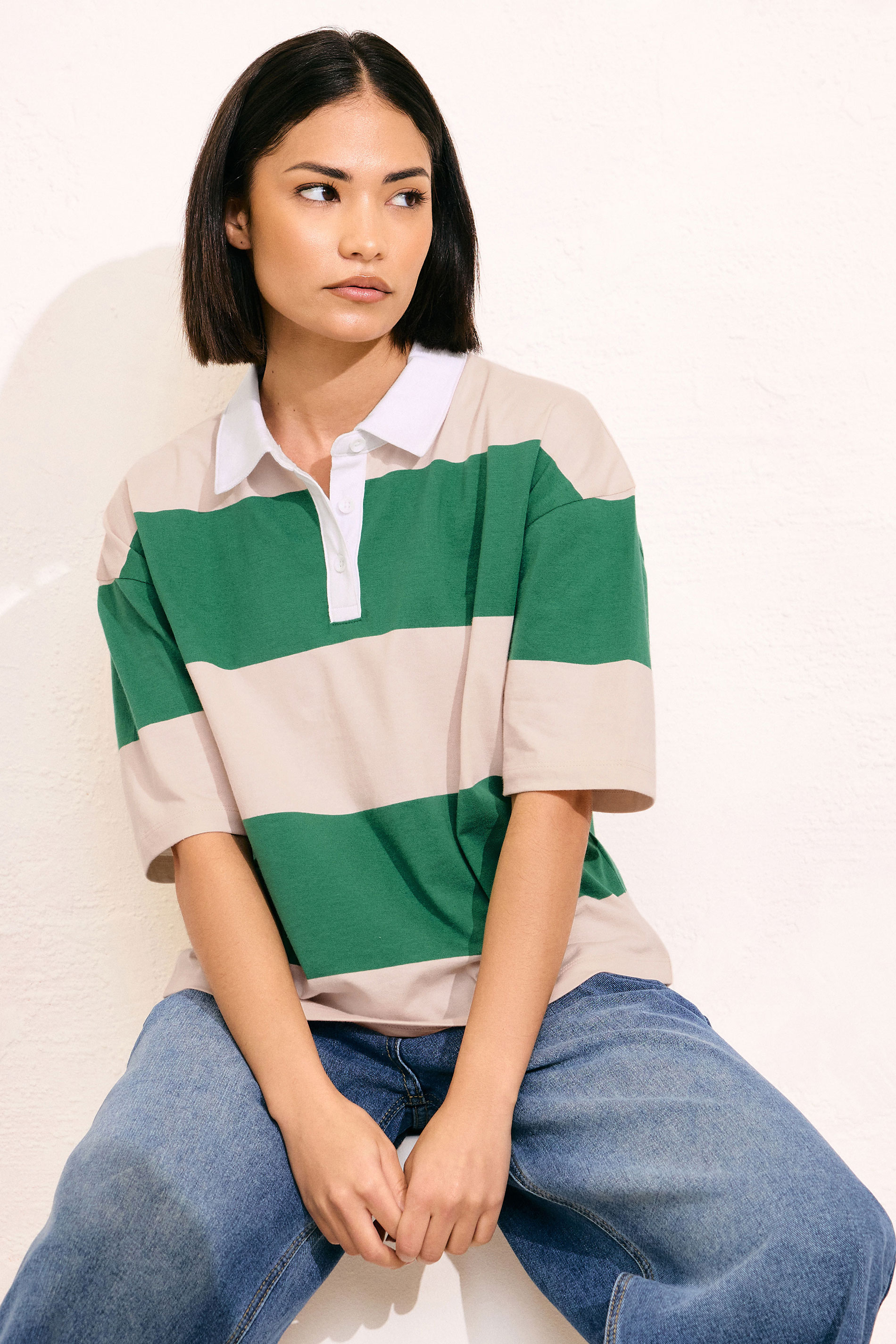 PixieGirl Petite Women's Green & Pink Cotton Striped Rugby Collar T-Shirt | PixieGirl 2