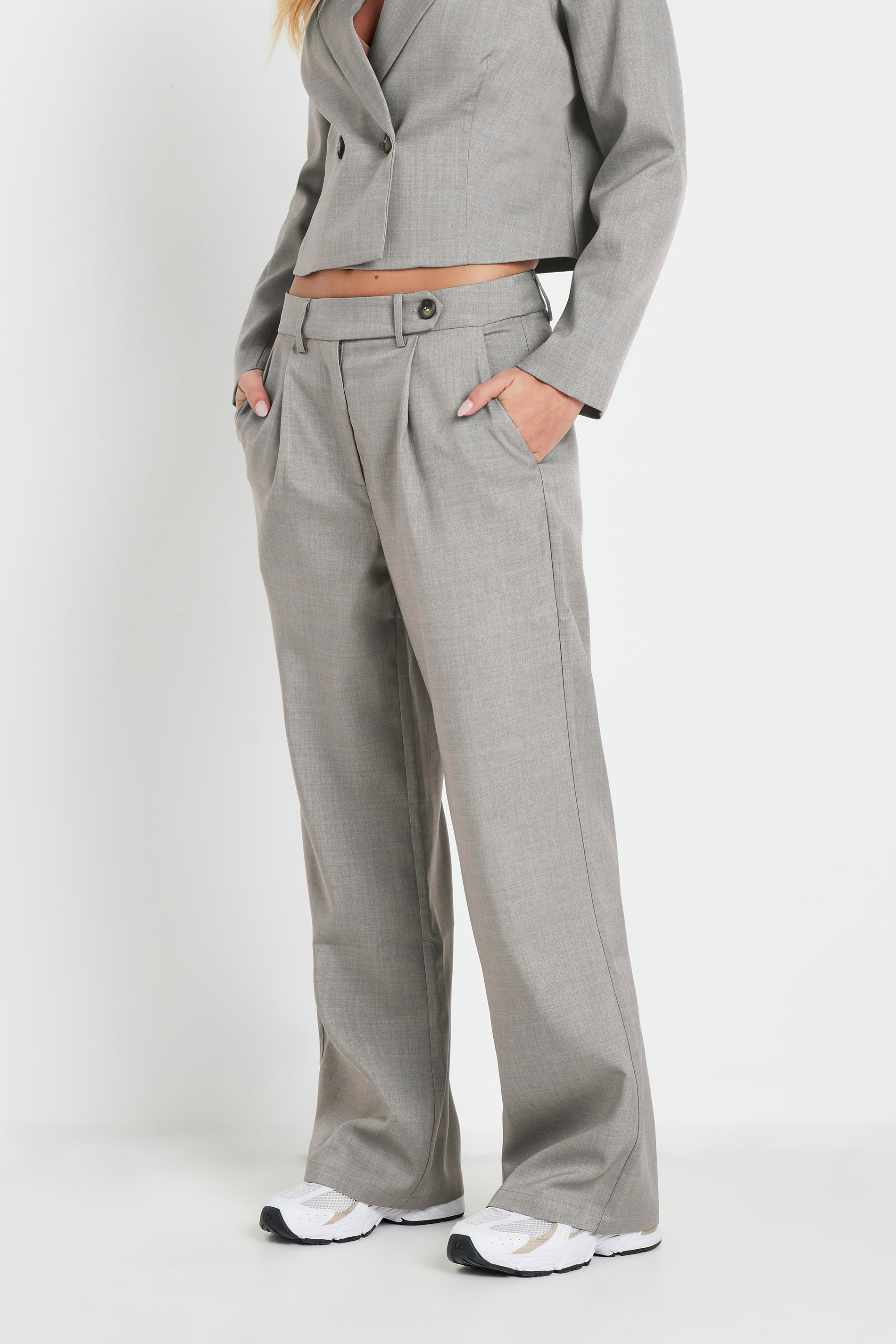 PixieGirl Petite Women's Light Grey Tailored Tab Wide Leg Trousers | PixieGirl 3