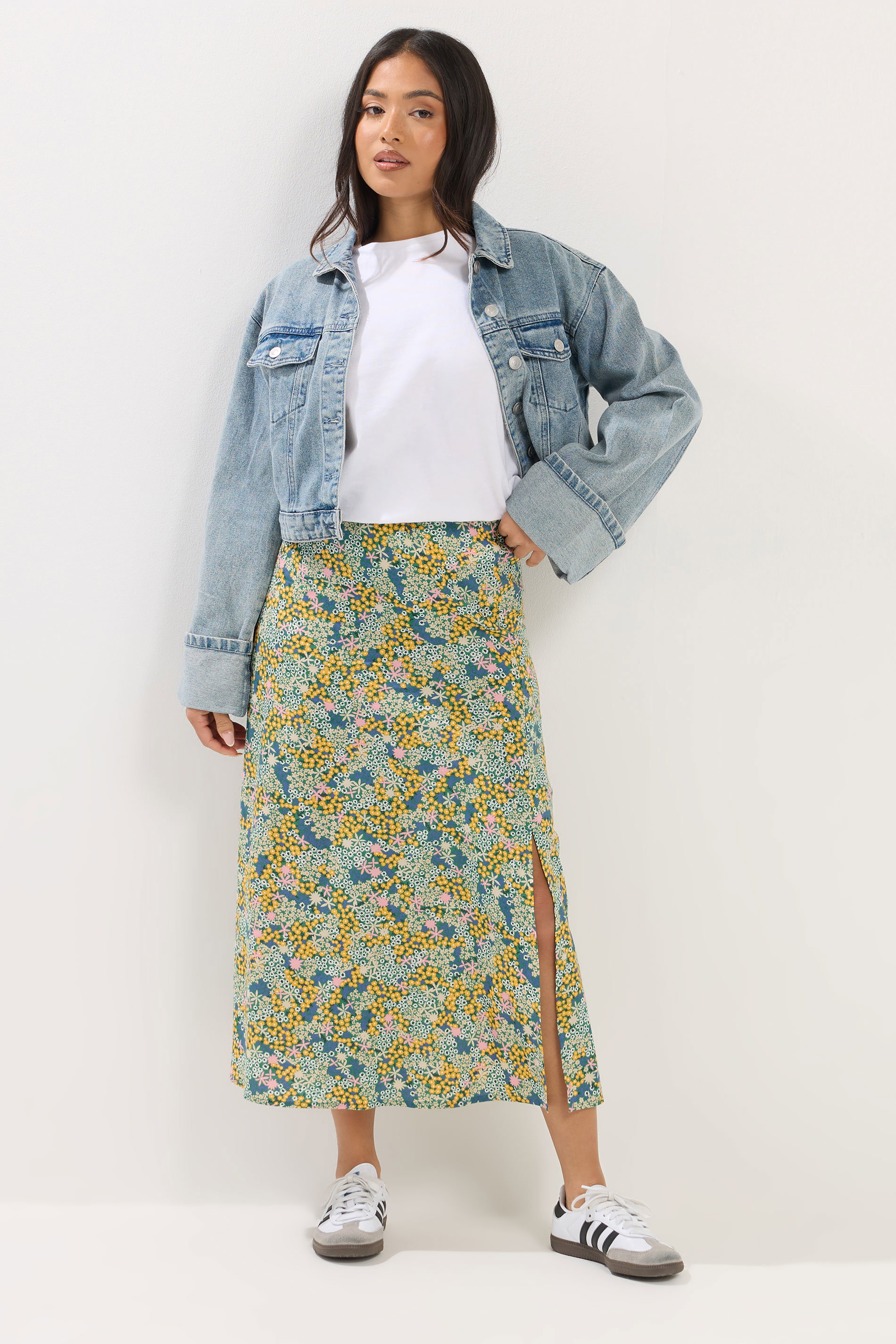 PixieGirl Petite Women's Green Ditsy Floral Midi Skirt | PixieGirl