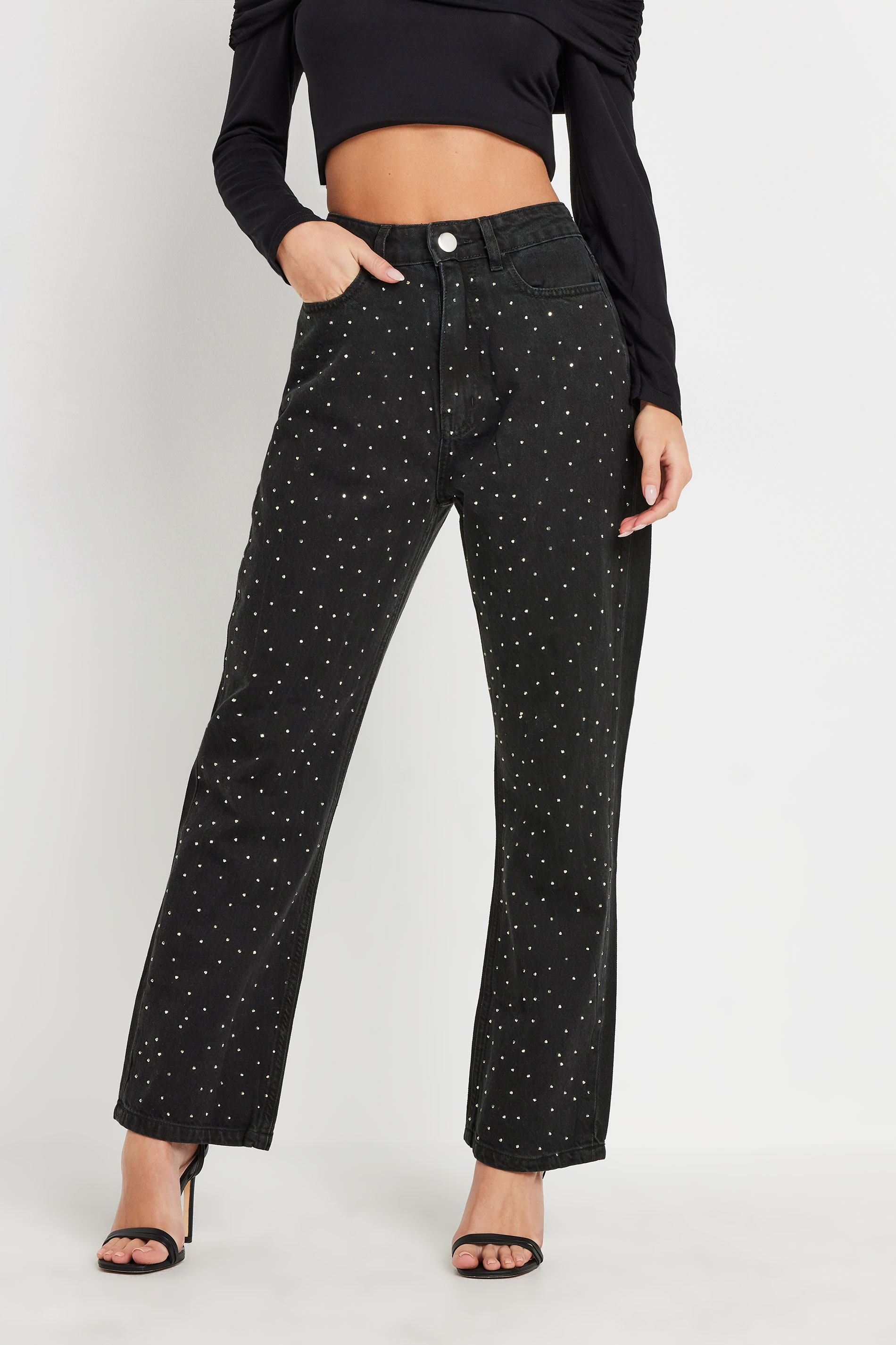 PixieGirl Petite Women's Black Studded Straight Leg Jeans | PixieGirl 2