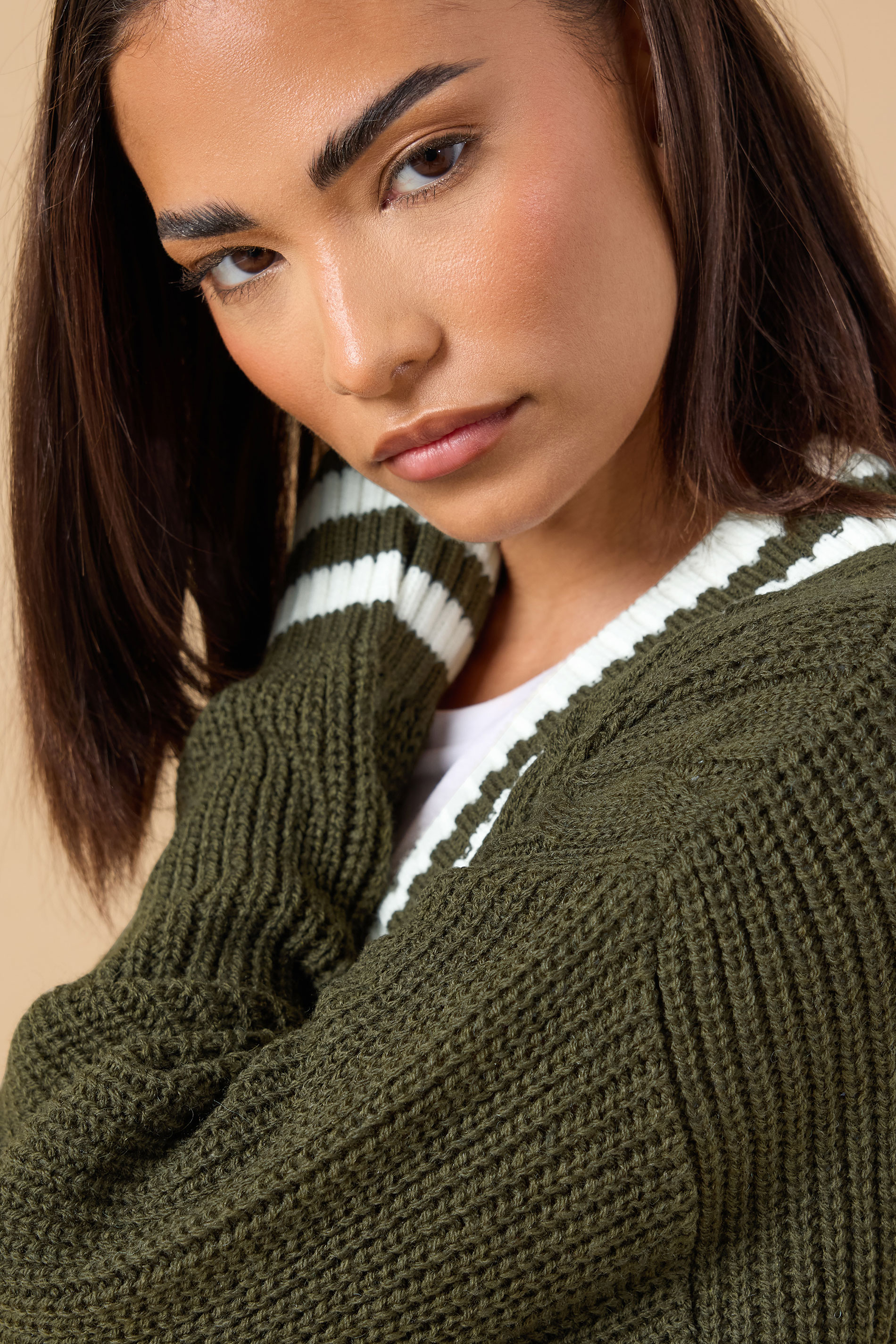 PixieGirl Petite Women's Khaki Green Contrast Cable Knit Cardigan | PixieGirl 4