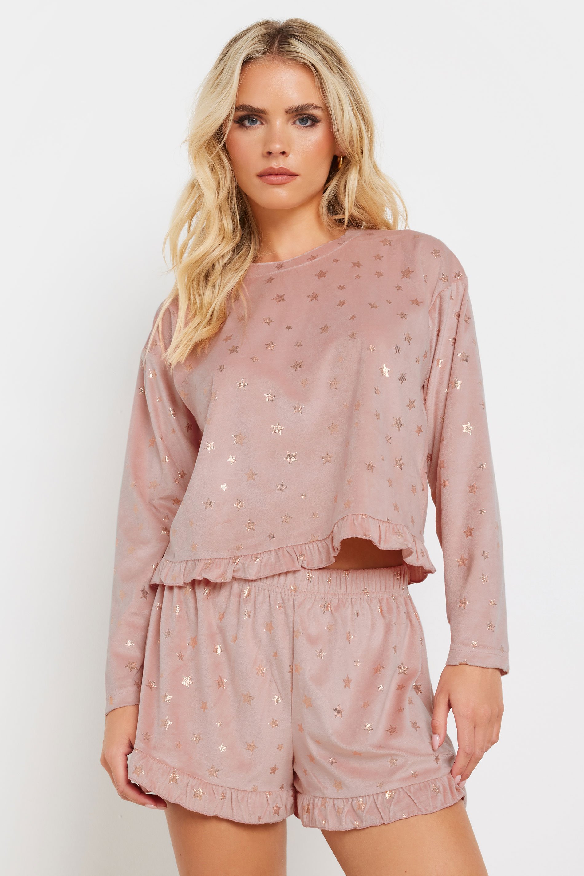 PixieGirl Petite Women's Pink Luxe Fleece Foil Star Pyjama Short Set | PixieGirl 1