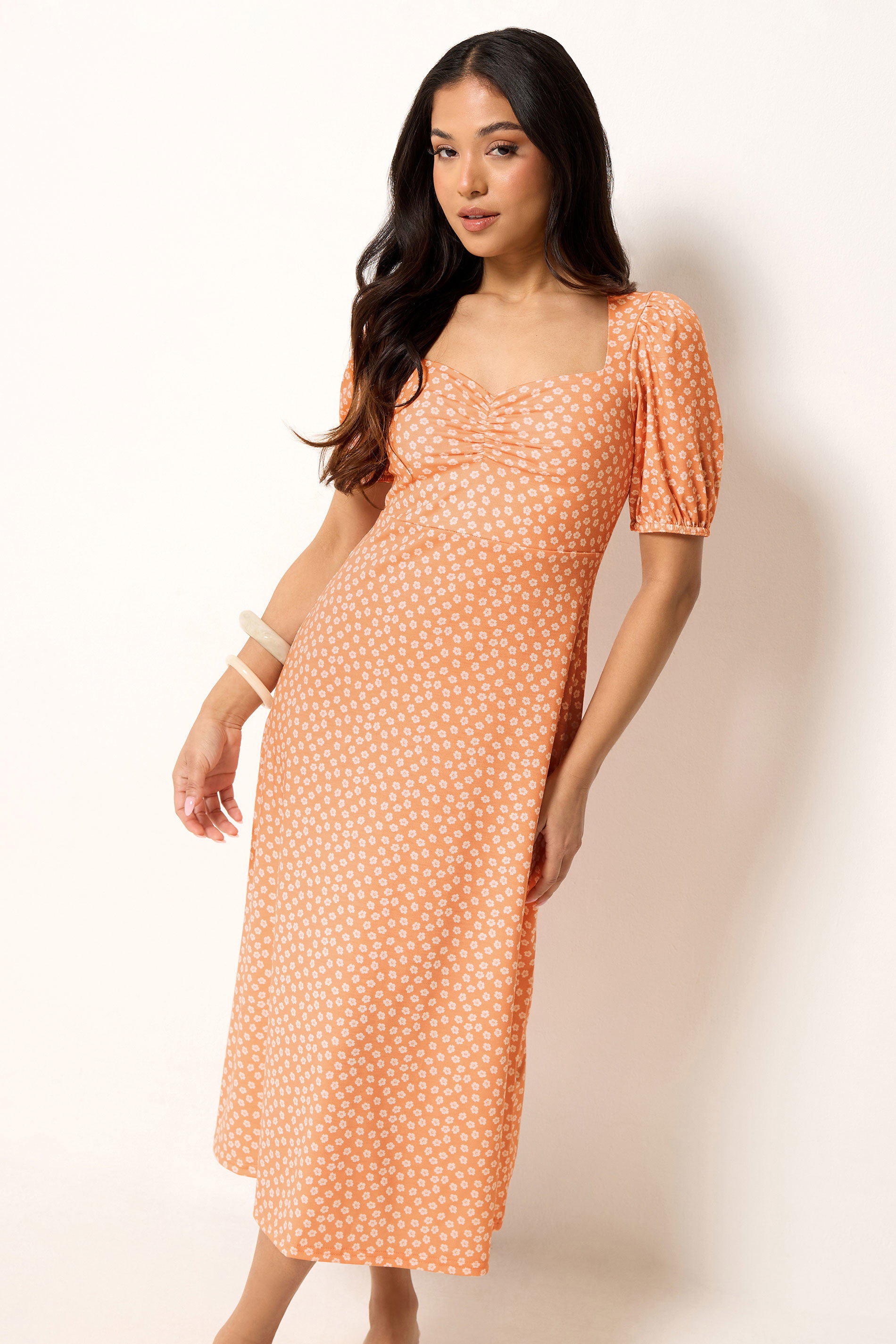 PixieGirl Petite Women's Orange Floral Ruched Midi Dress | PixieGirl 3