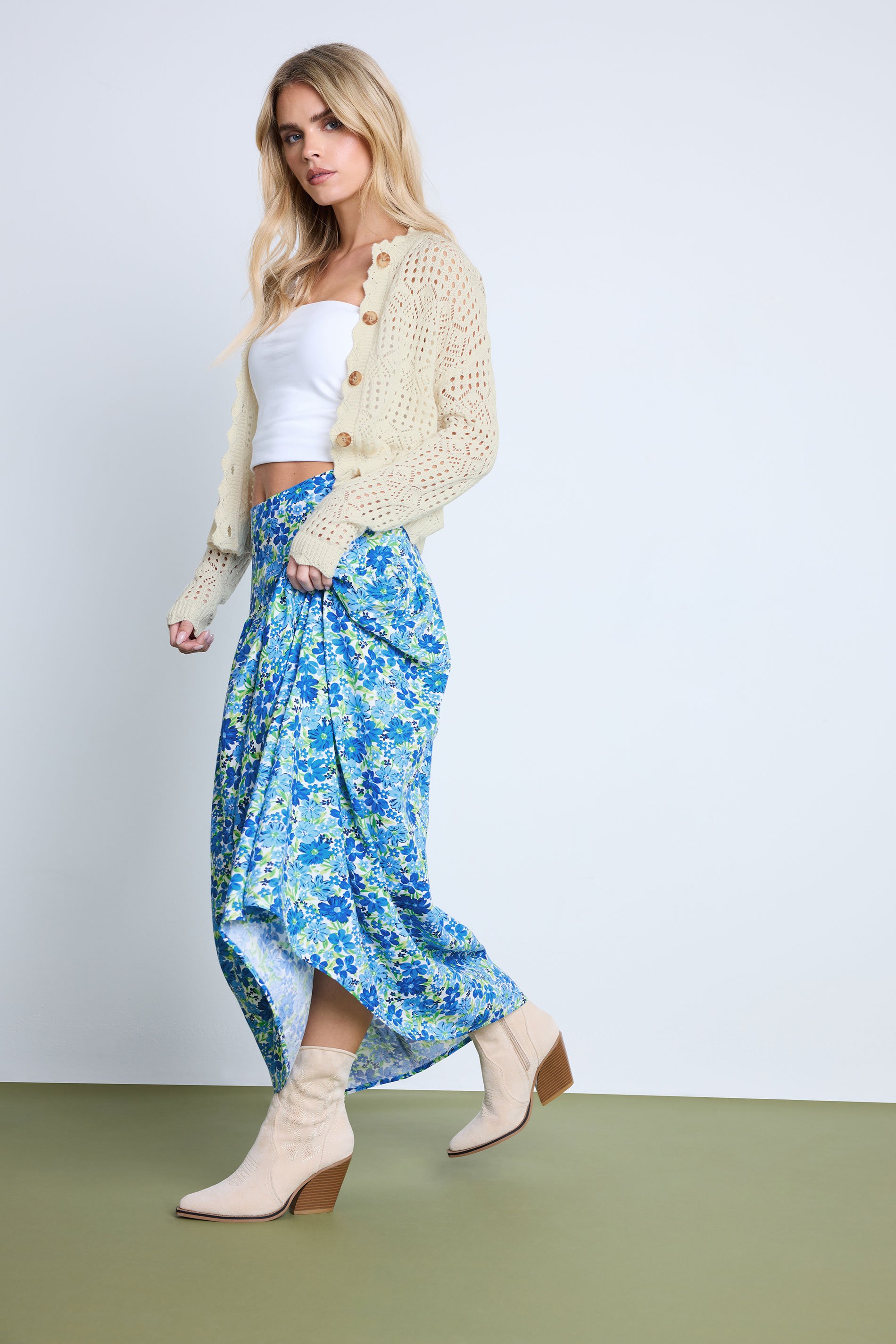 PixieGirl Petite Women's Blue Floral Print Low Yoke Maxi Skirt | PixieGirl 1