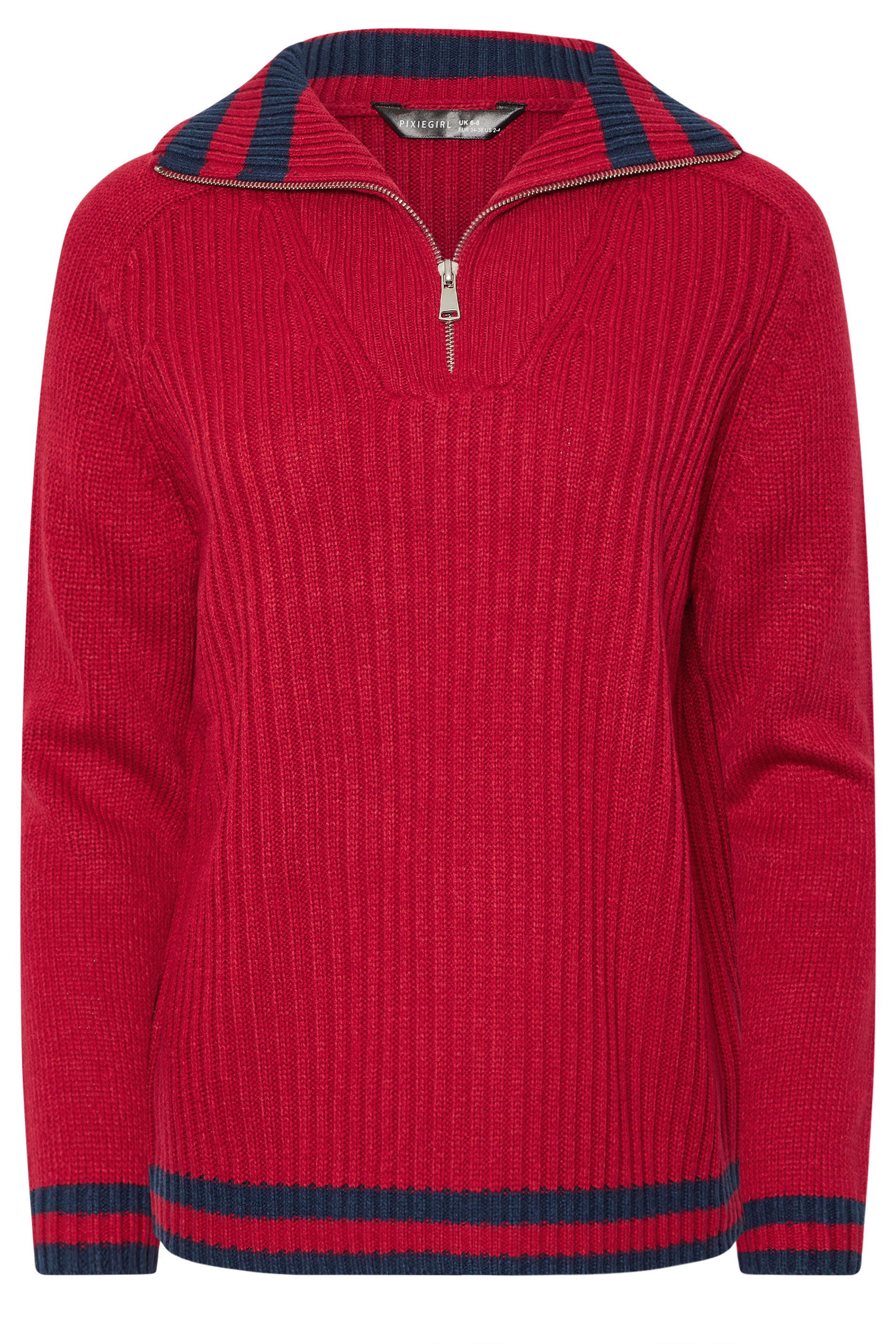 PixieGirl Petite Women's Red Knitted Stripe Quarter Zip Jumper | PixieGirl 6