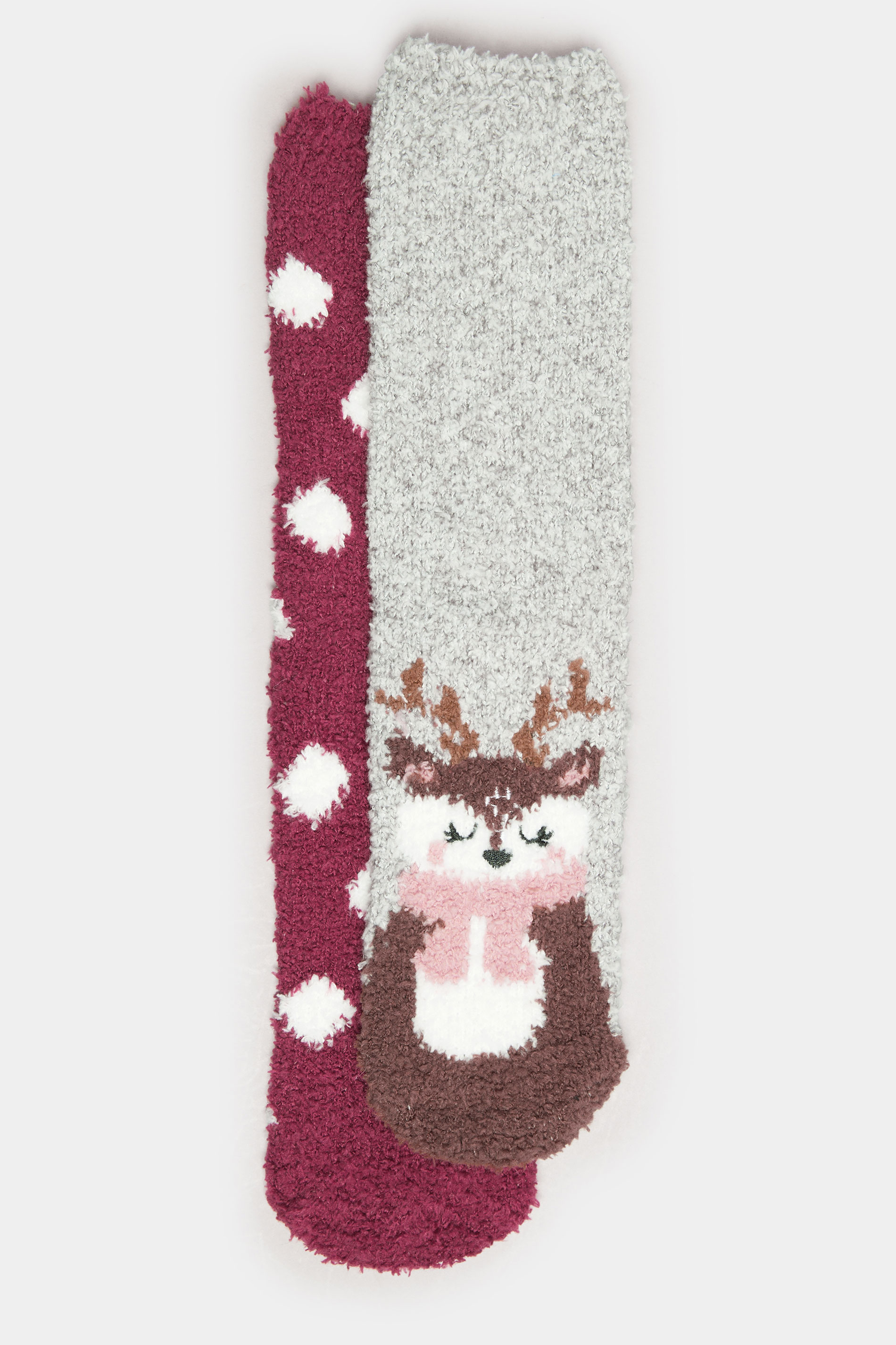 YOURS 2 PACK Plus Size Grey & Red Reindeer Novelty Christmas Fluffy Bed Socks | Yours Clothing 5