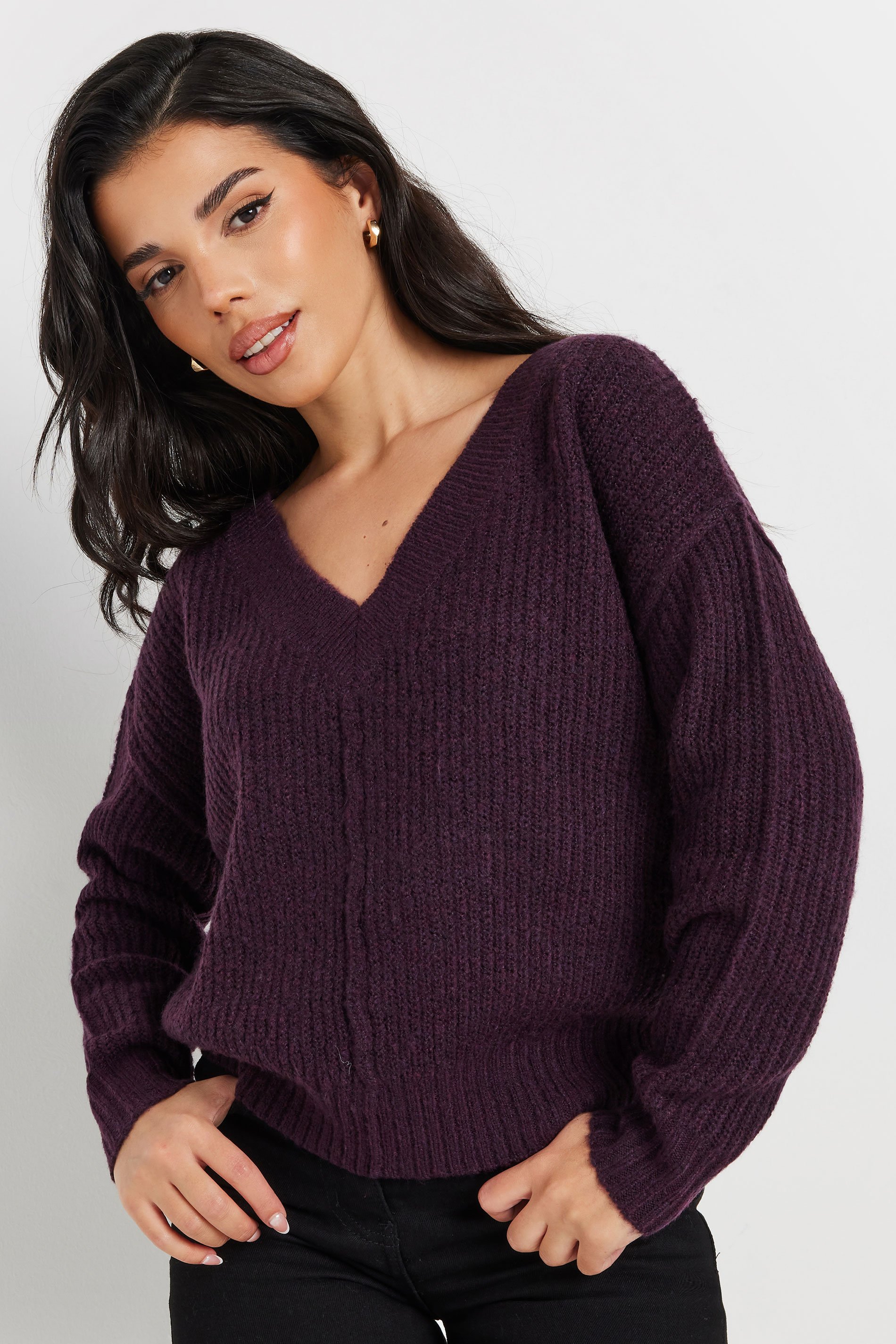PixieGirl Petite Women's Purple Knitted V-Neck Jumper | PixieGirl 2