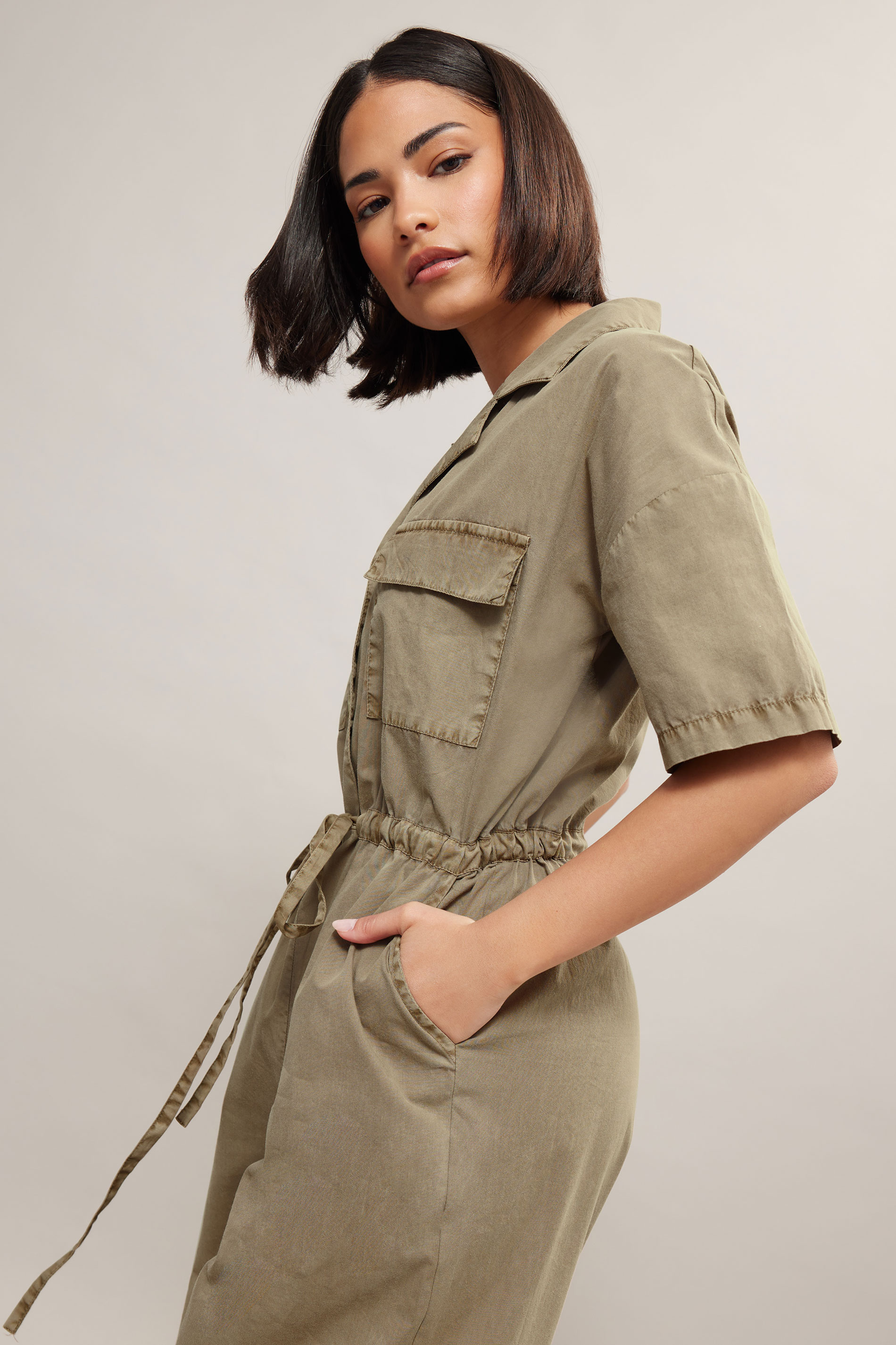 PixieGirl Petite Women's Brown Tie Waist Wide Leg Jumpsuit | PixieGirl 2