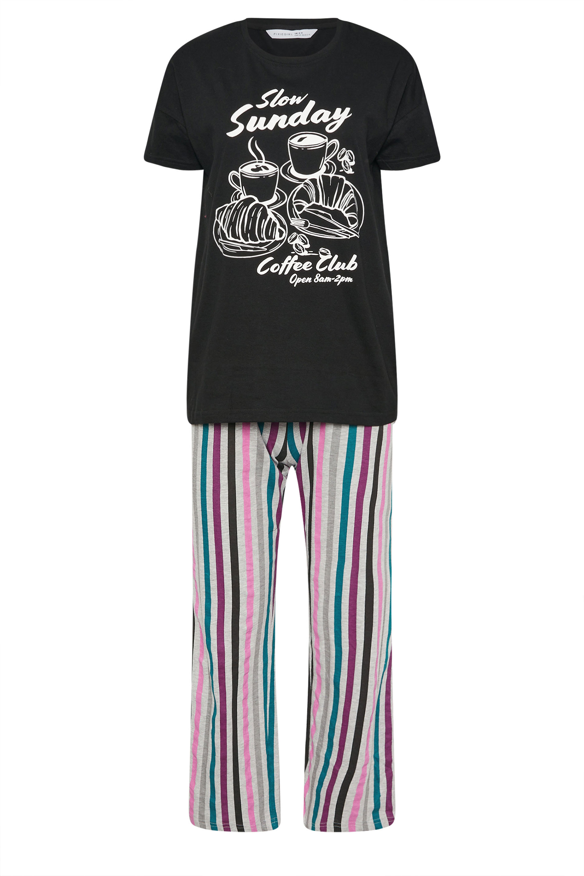 PixieGirl Petite Black Women's 'Slow Sunday Coffee Club' Slogan Pyjama Set | PixieGirl 6