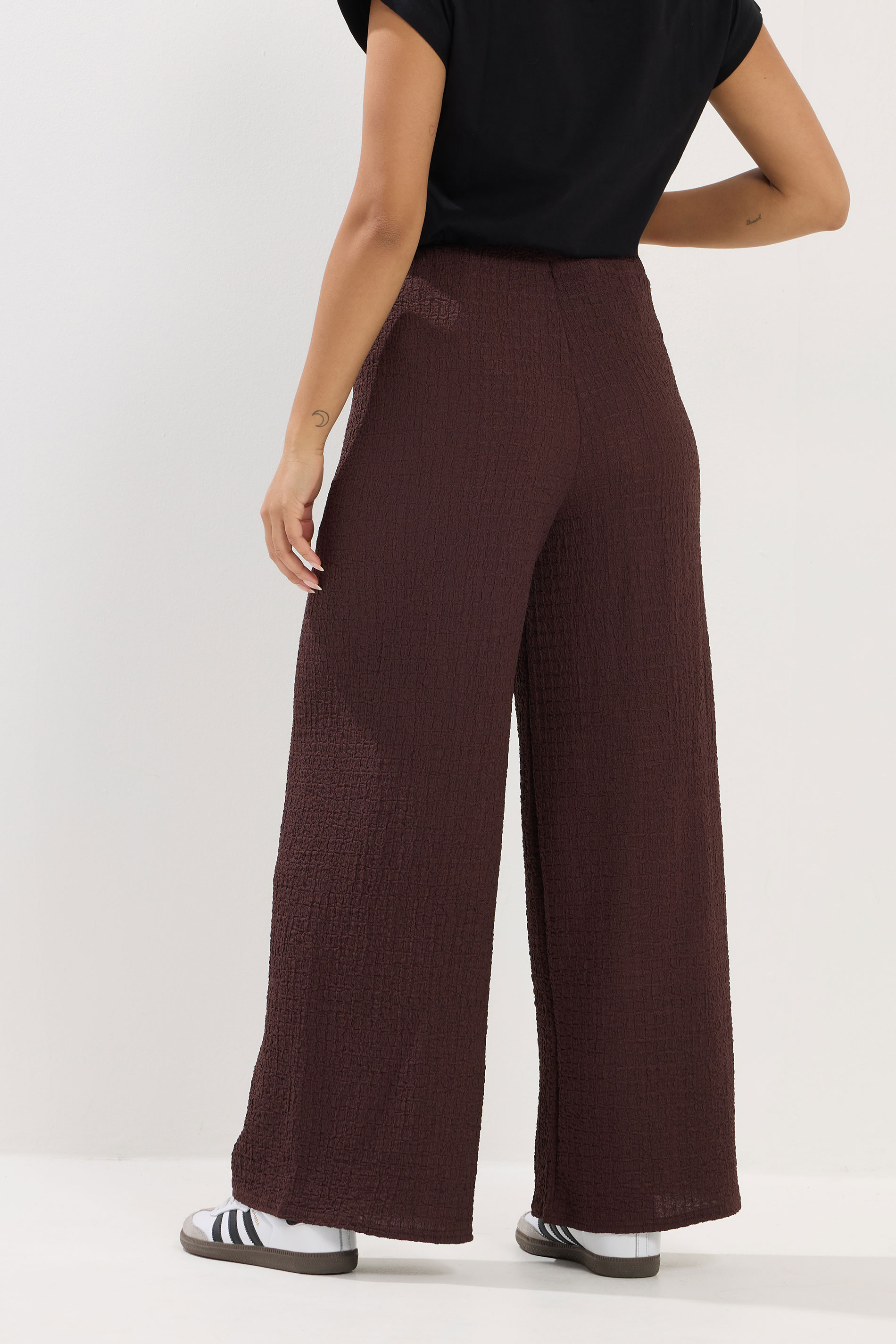 PixieGirl Petite Women's Chocolate Brown Textured Wide Leg Trousers | PixieGirl 2