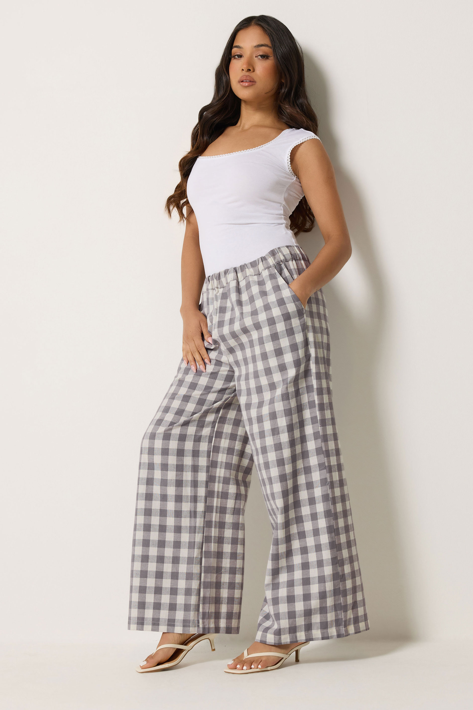 Pixiegirl Women's Grey Petite Gingham Wide Leg Trousers Size Petite > 18