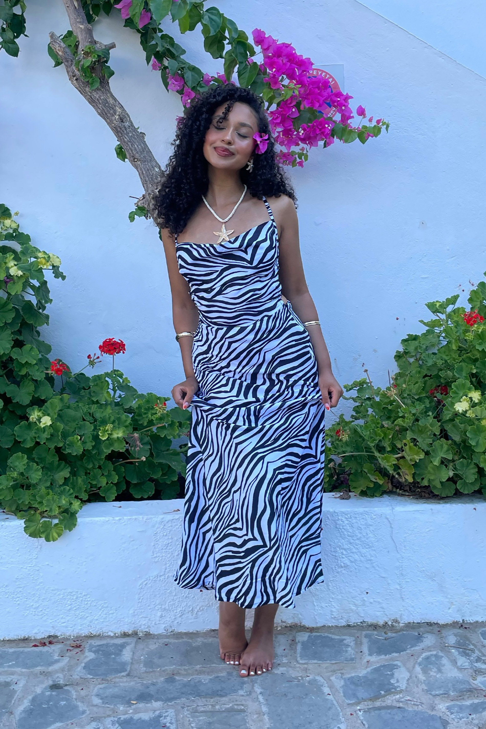 PixieGirl Petite Women's Black Zebra Print Cowl Neck Maxi Slip Dress | PixieGirl 2