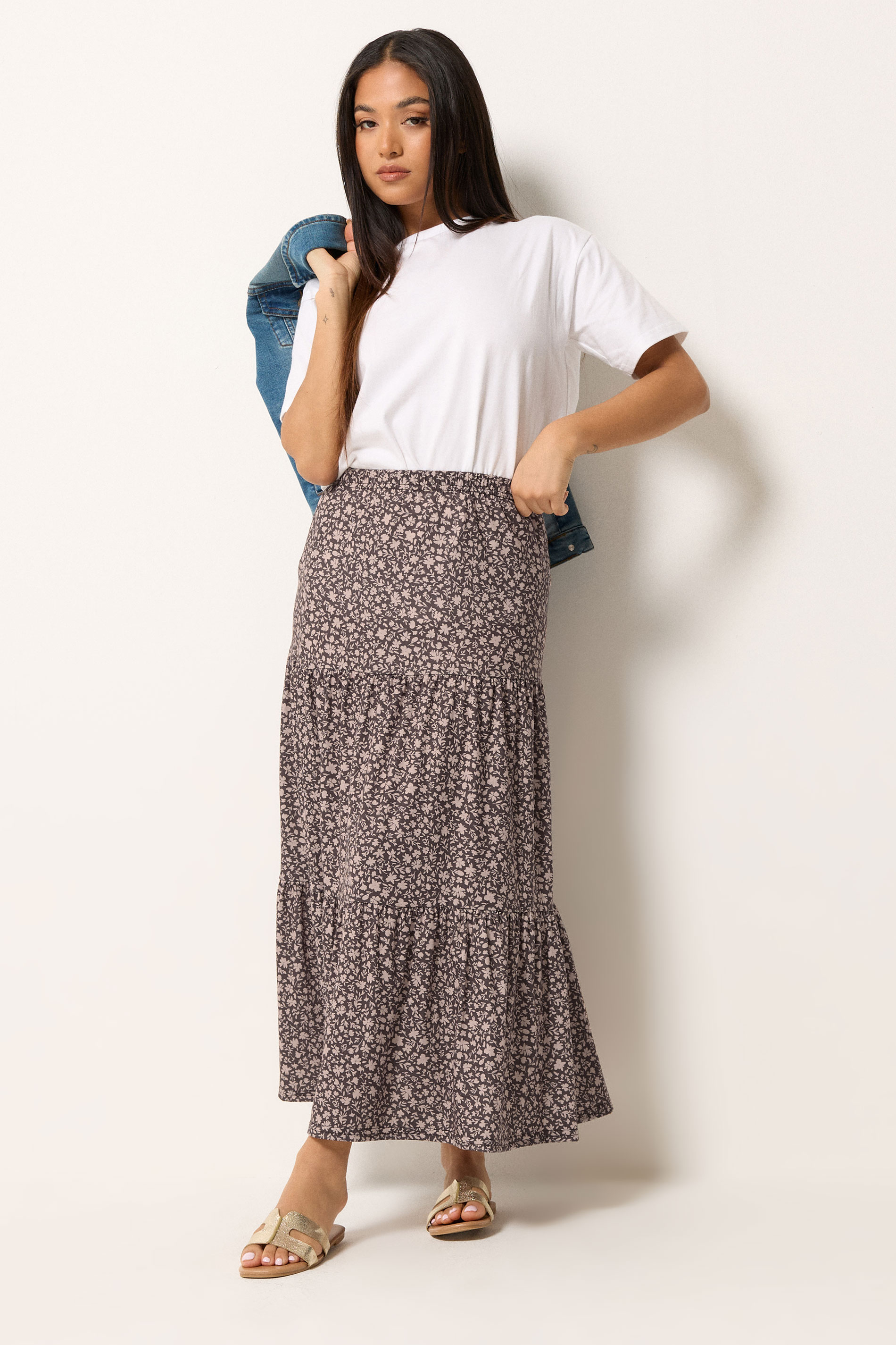 M&Co Petite Brown Floral Tiered Maxi Skirt | M&Co 1