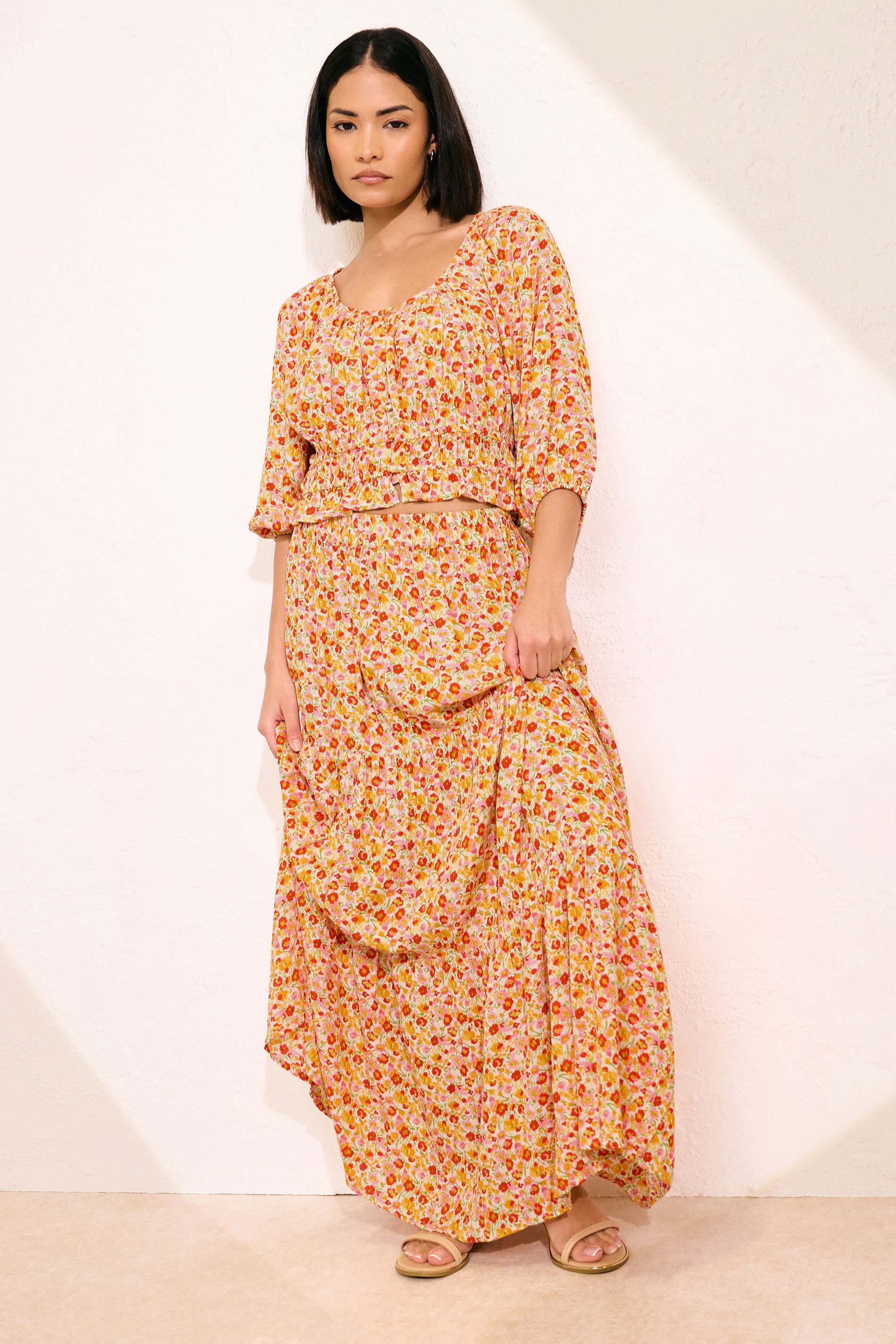 PixieGirl Petite Women's Orange Ditsy Floral Tiered Maxi Skirt | PixieGirl 1