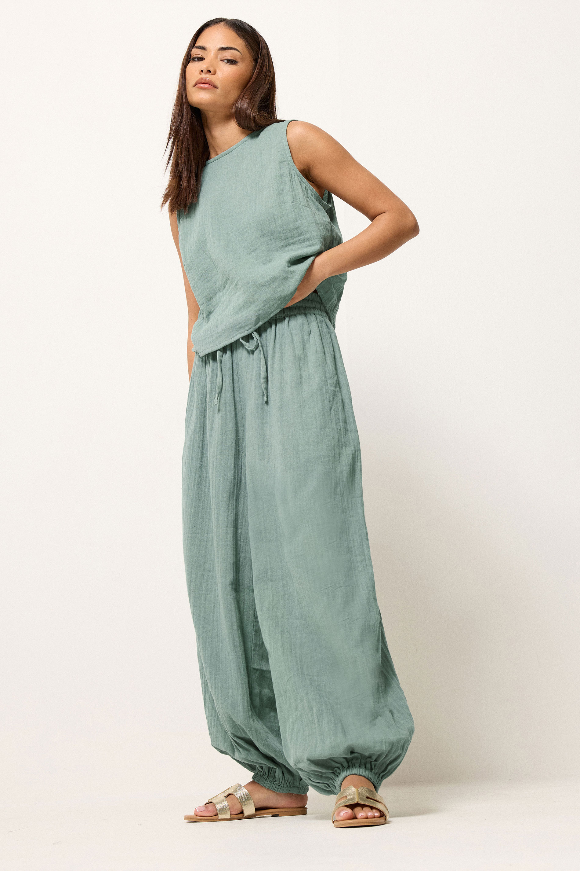Pixiegirl Women's Green Petite Set Sage Cotton Cheesecloth Top & Trousers Size 14