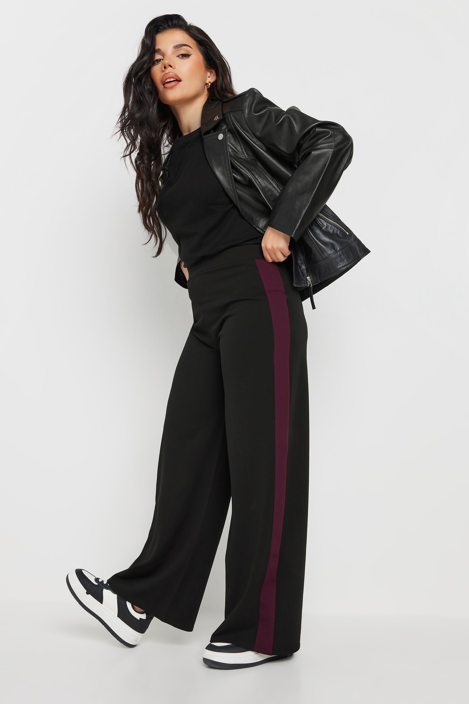 PixieGirl Petite Women's Burgundy Red Stripe Wide Leg Trousers | PixieGirl 2