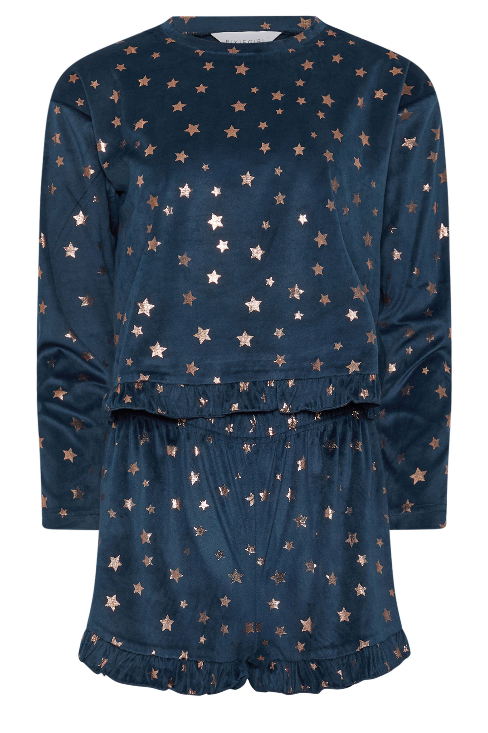 PixieGirl Petite Women's Navy Blue Luxe Fleece Foil Star Pyjama Short Set | PixieGirl 6