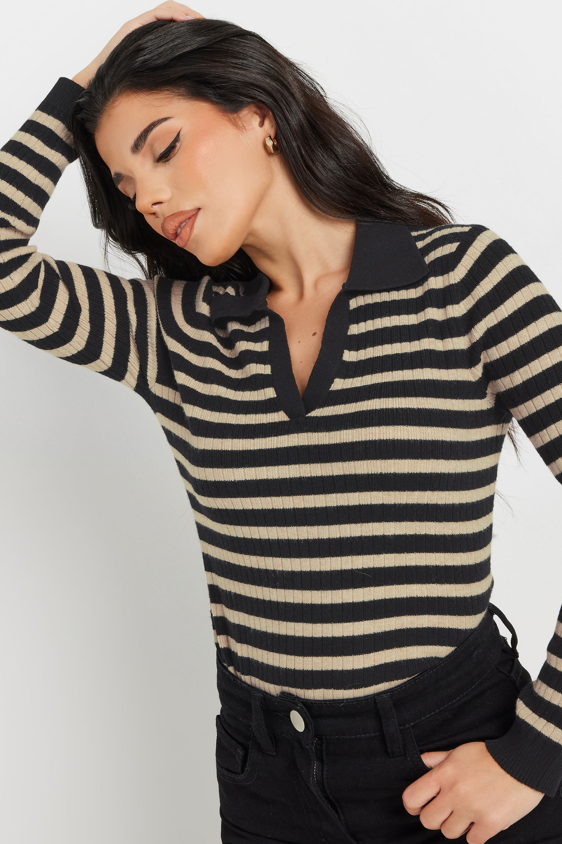PixieGirl Petite Women's Black Knitted Stripe Collar Jumper | PixieGirl 4