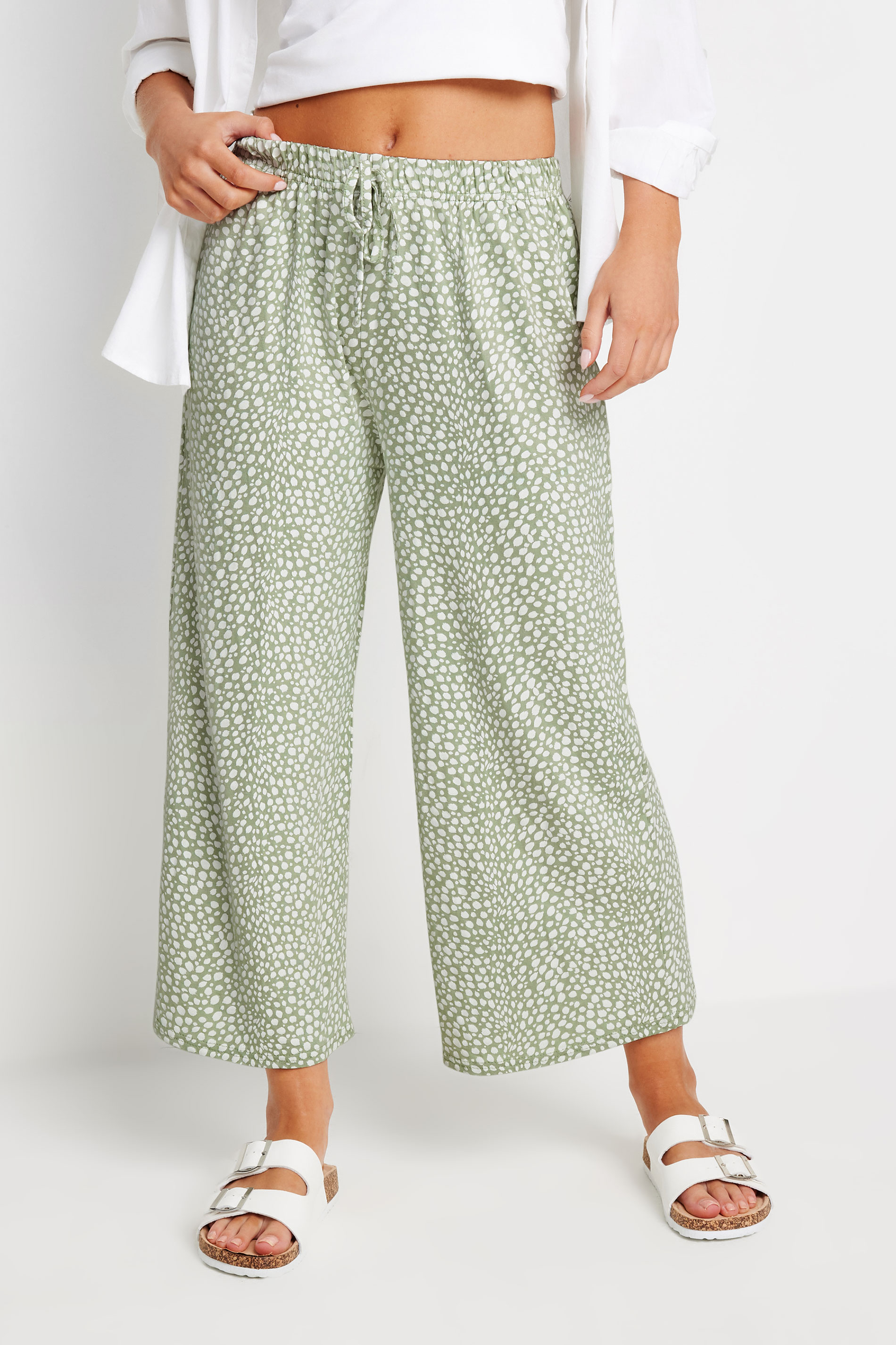 PixieGirl Sage Green Spot Print Wide Leg Cropped Trousers | PixieGirl 2