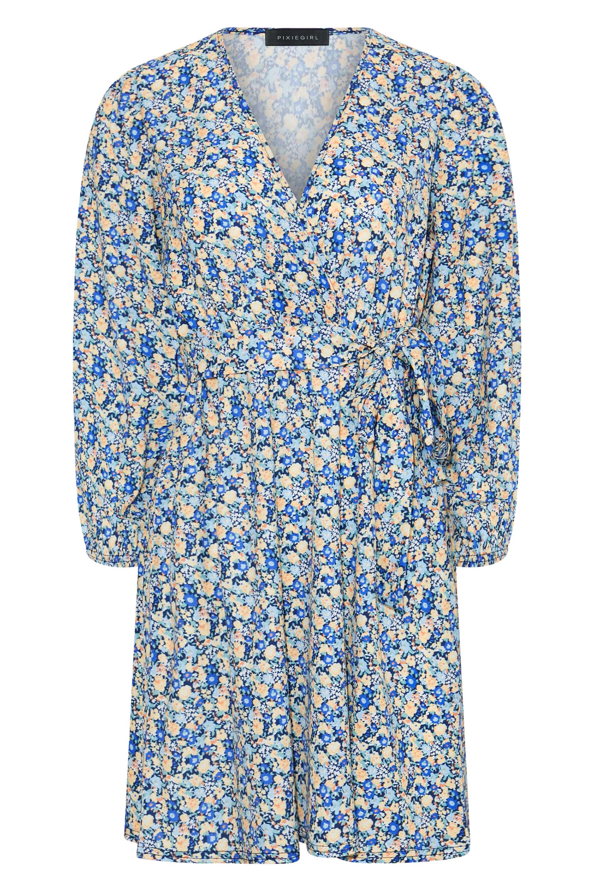 Petite Blue Ditsy Floral Wrap Dress | PixieGirl 6