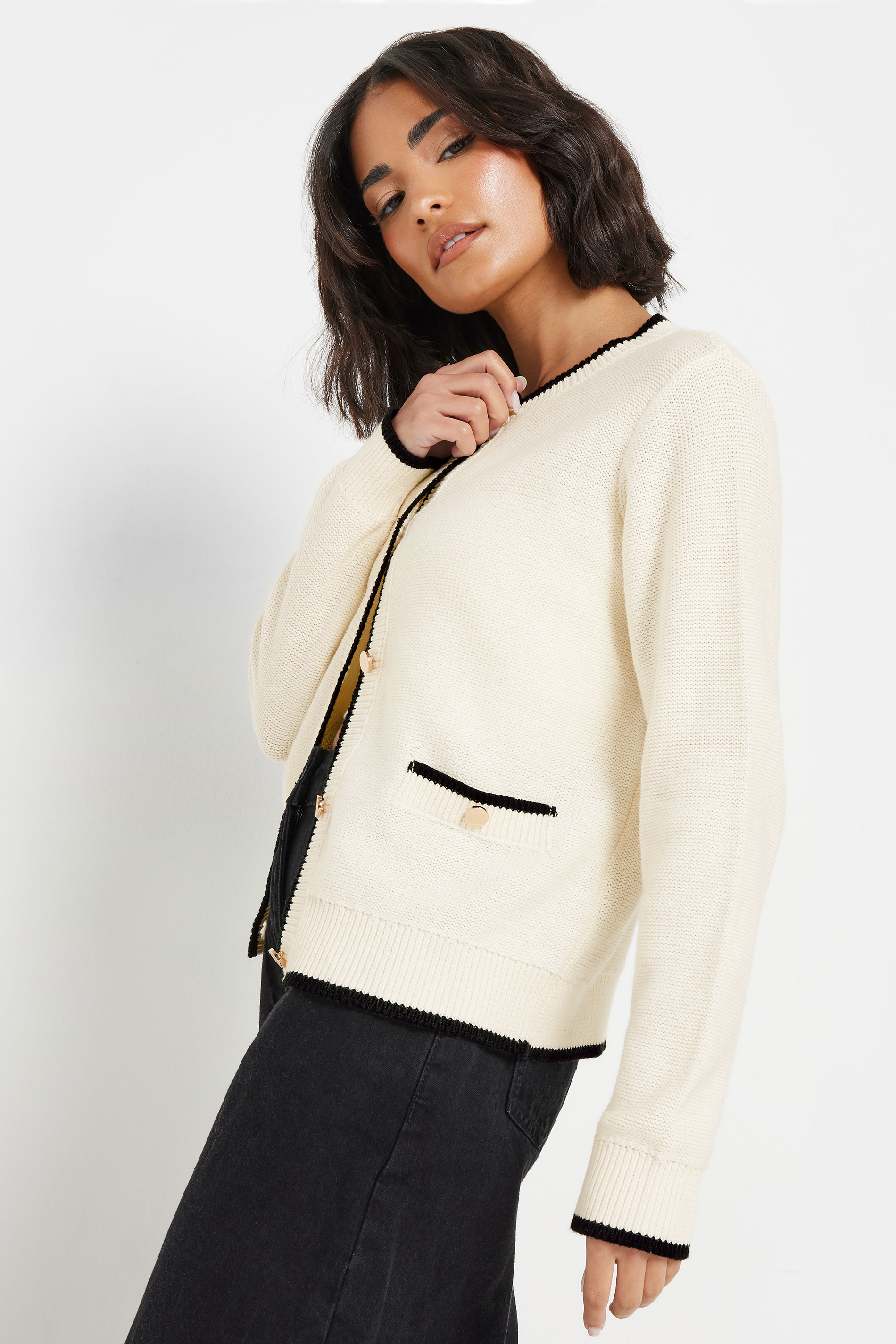 PixieGirl Petite Women's Cream Knitted Contrast Trim Button Cardigan | PixieGirl 7