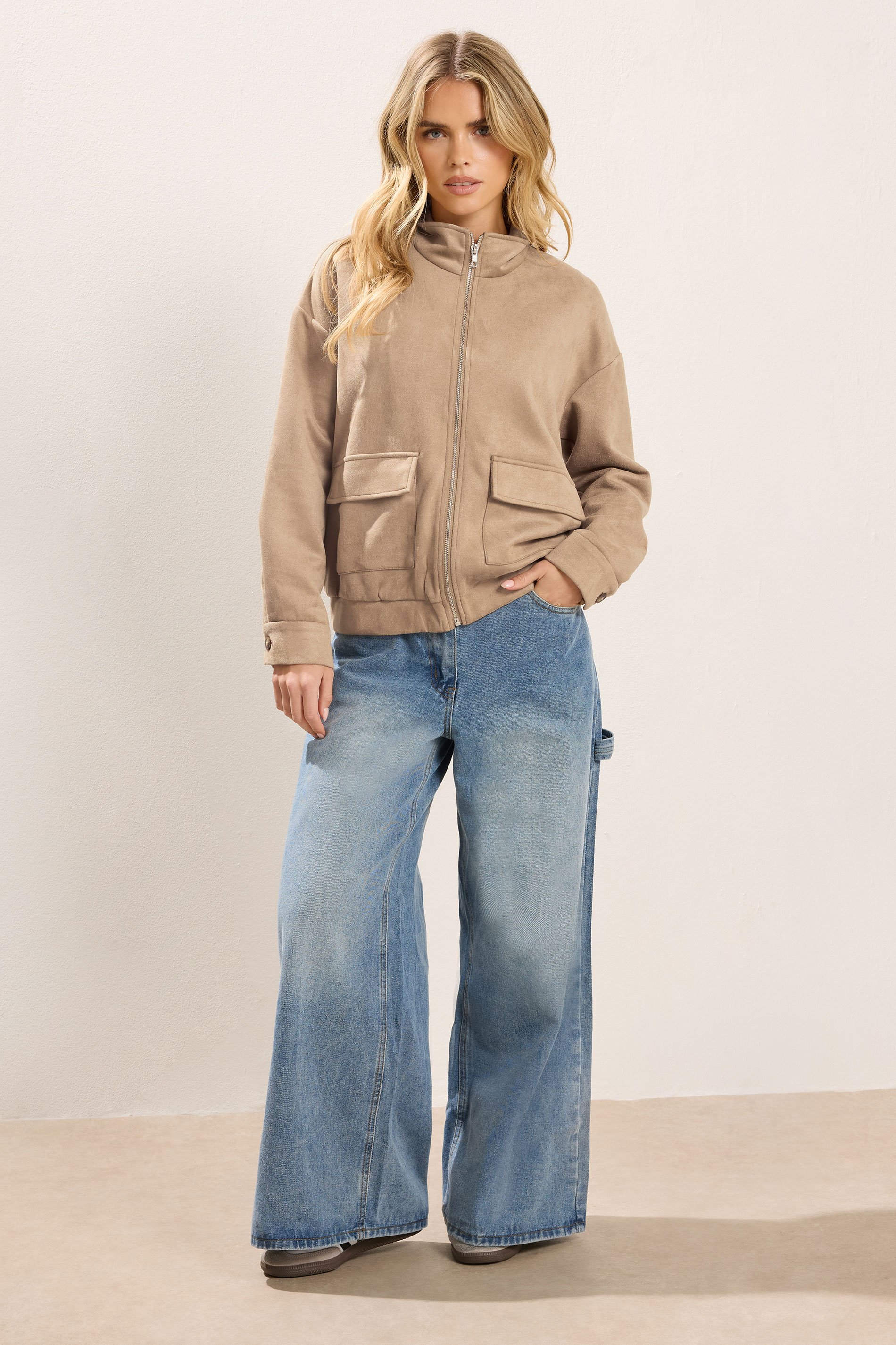 PixieGirl Petite Women's Natural Brown Faux Suede Bomber Jacket | PixieGirl 3