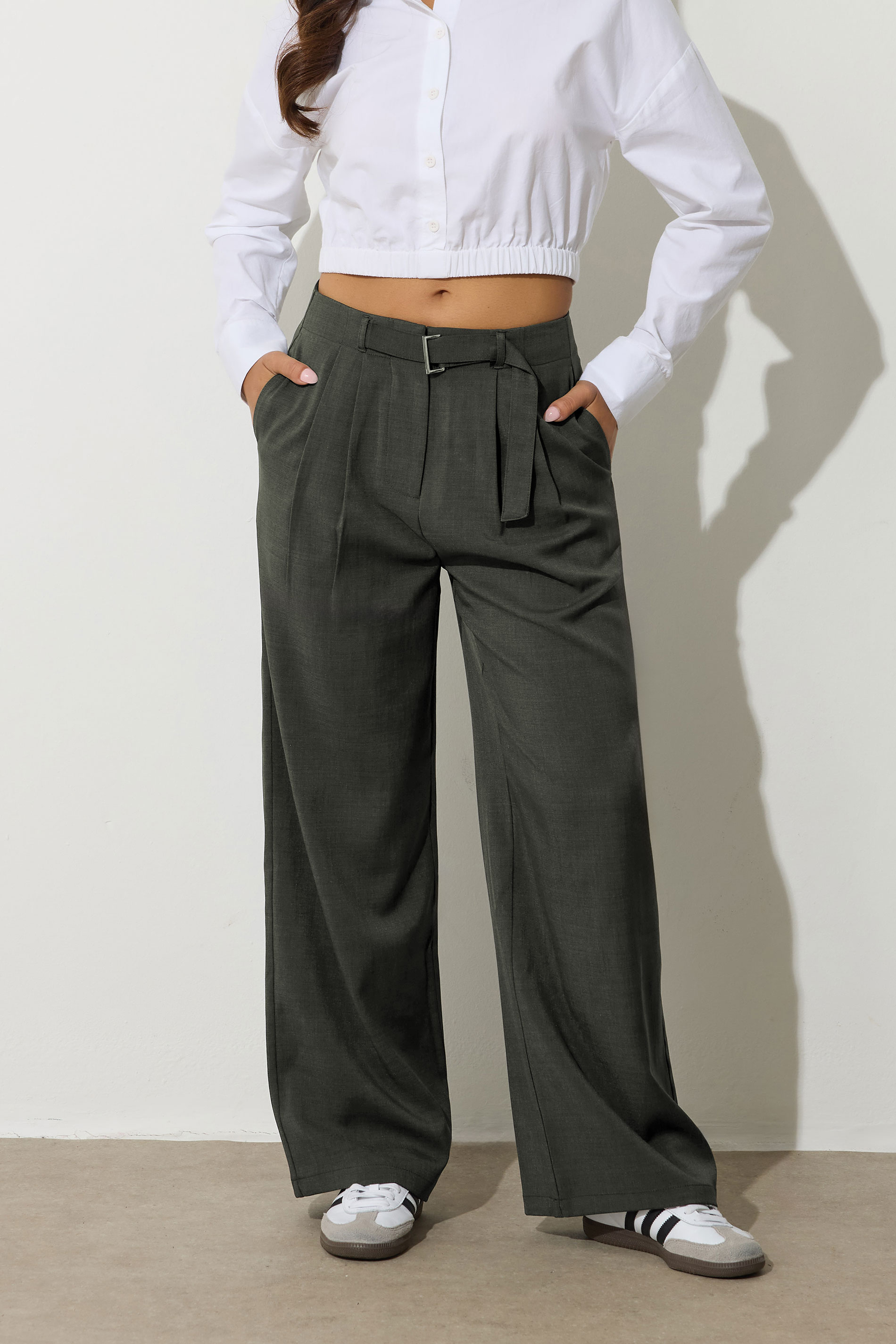 PixieGirl Petite Womens Olive Green Buckle Wide Leg Trousers | PixieGirl 2