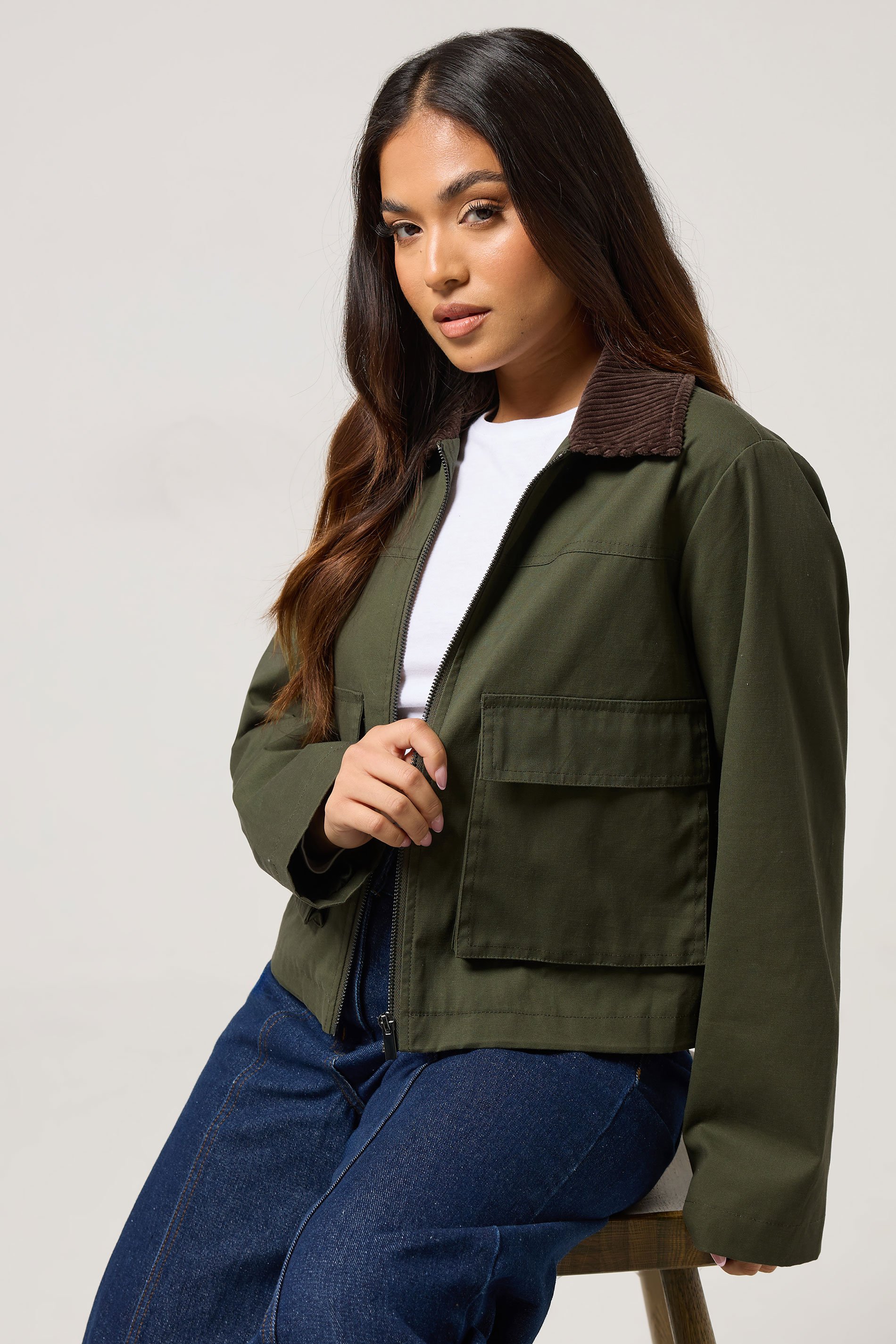 PixieGirl Petite Women's Green Cord Collar Barn Jacket | PixieGirl 3