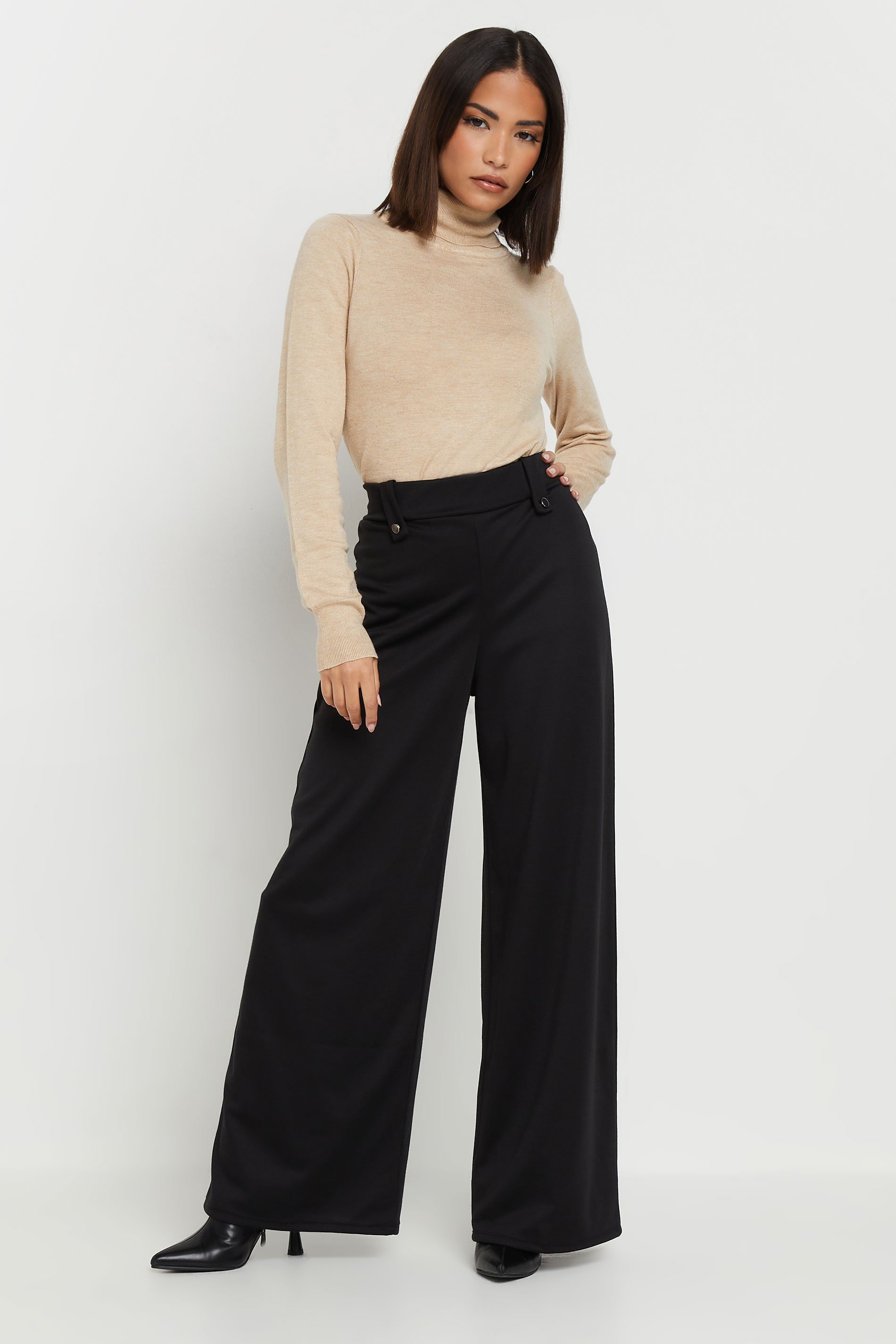 PixieGirl Petite Women's Black Tailored Tab Wide Leg Trousers | PixieGirl 1