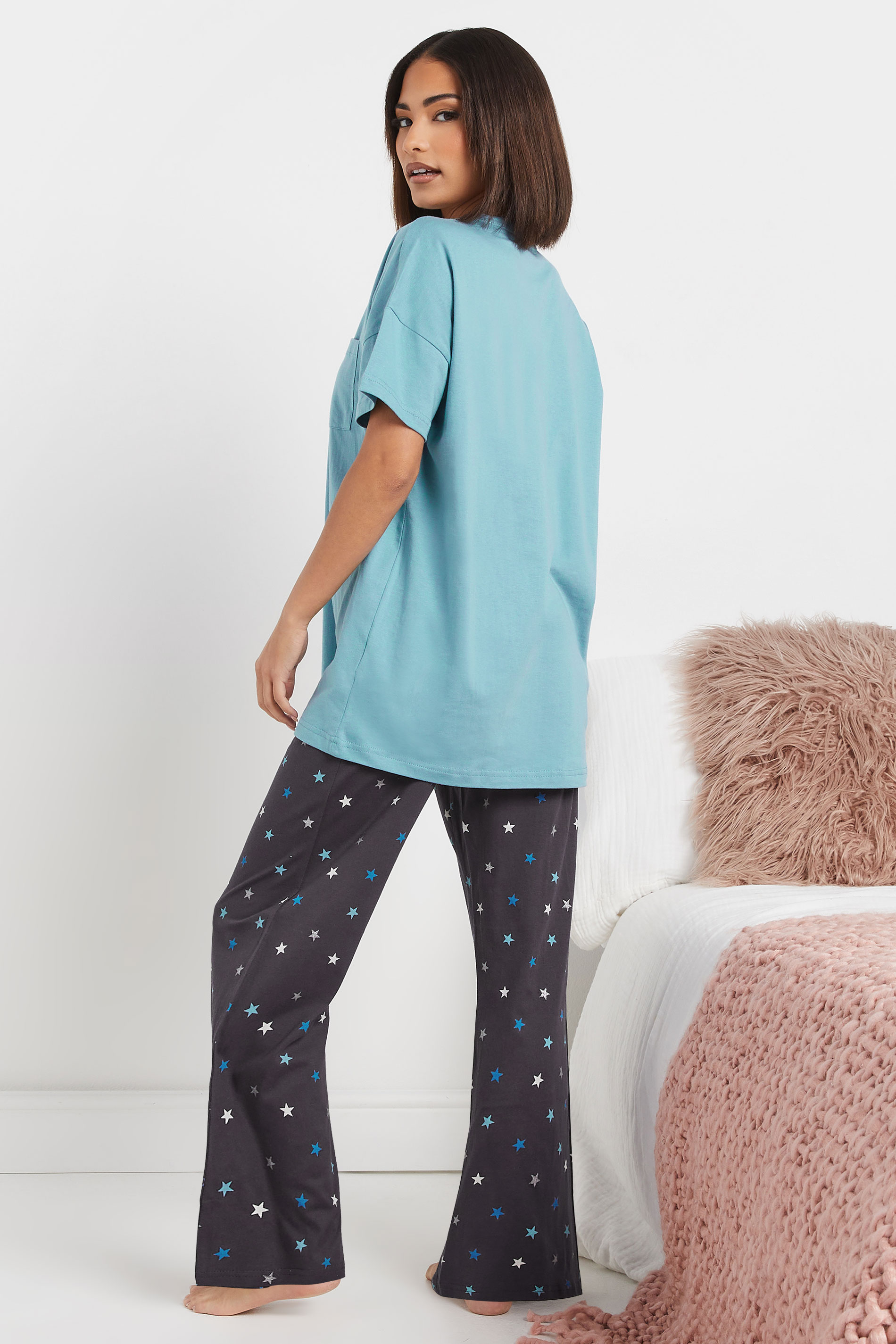 PixieGirl Petite Women's Blue Star Print Short Sleeve Pyjama Set | PixieGirl 3