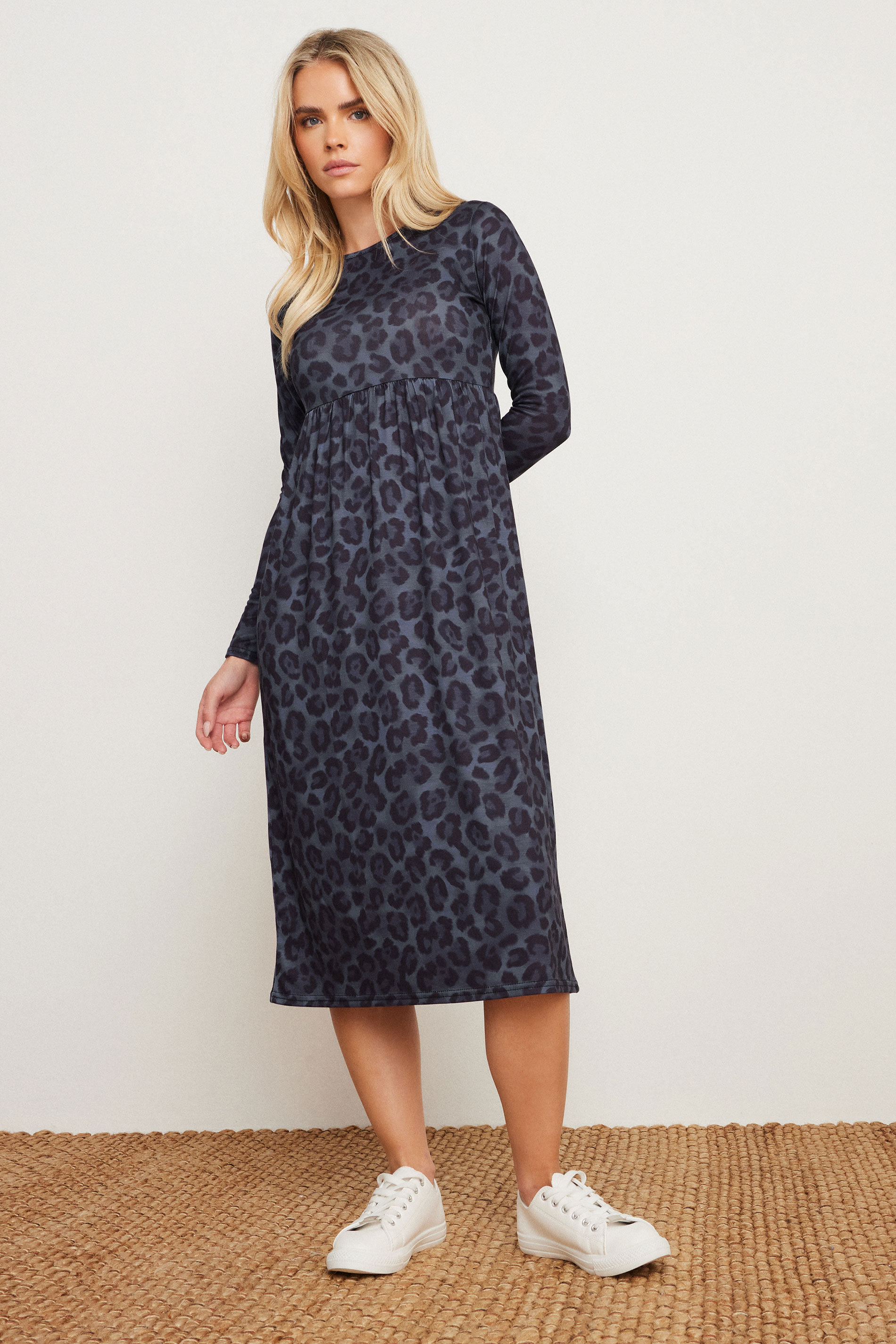 PixieGirl Petite Women's Navy Blue Leopard Print Smock Dress | PixieGirl 2
