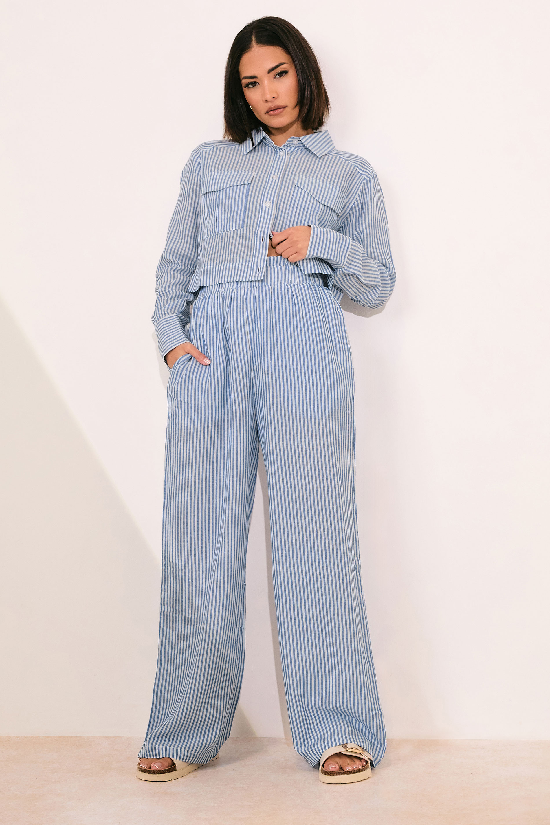 PixieGirl Petite Women's Blue Linen Striped Pocket Shirt | PixieGirl 3