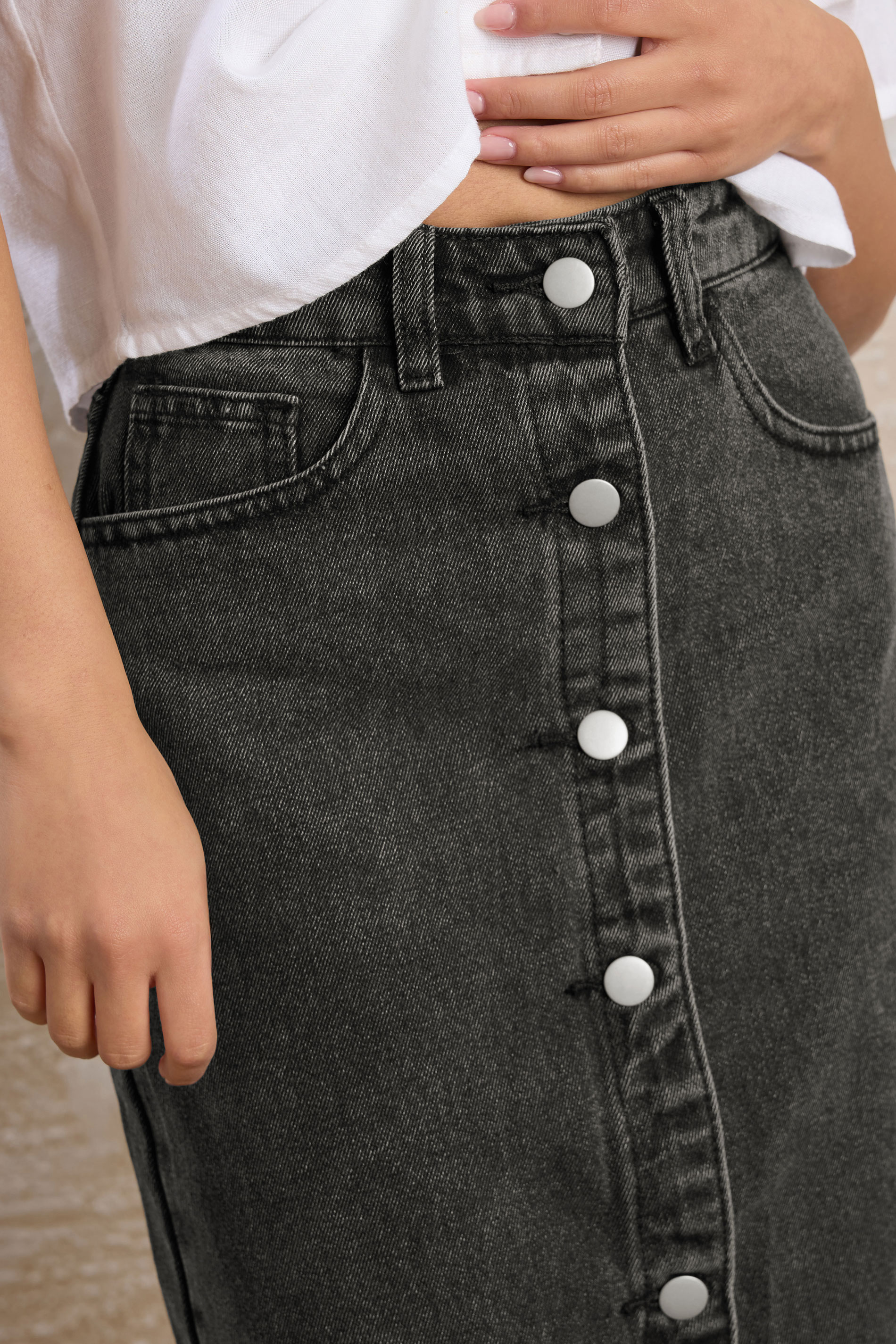 PixieGirl Petite Women's Black Denim Button Midi Skirt | PixieGirl 4