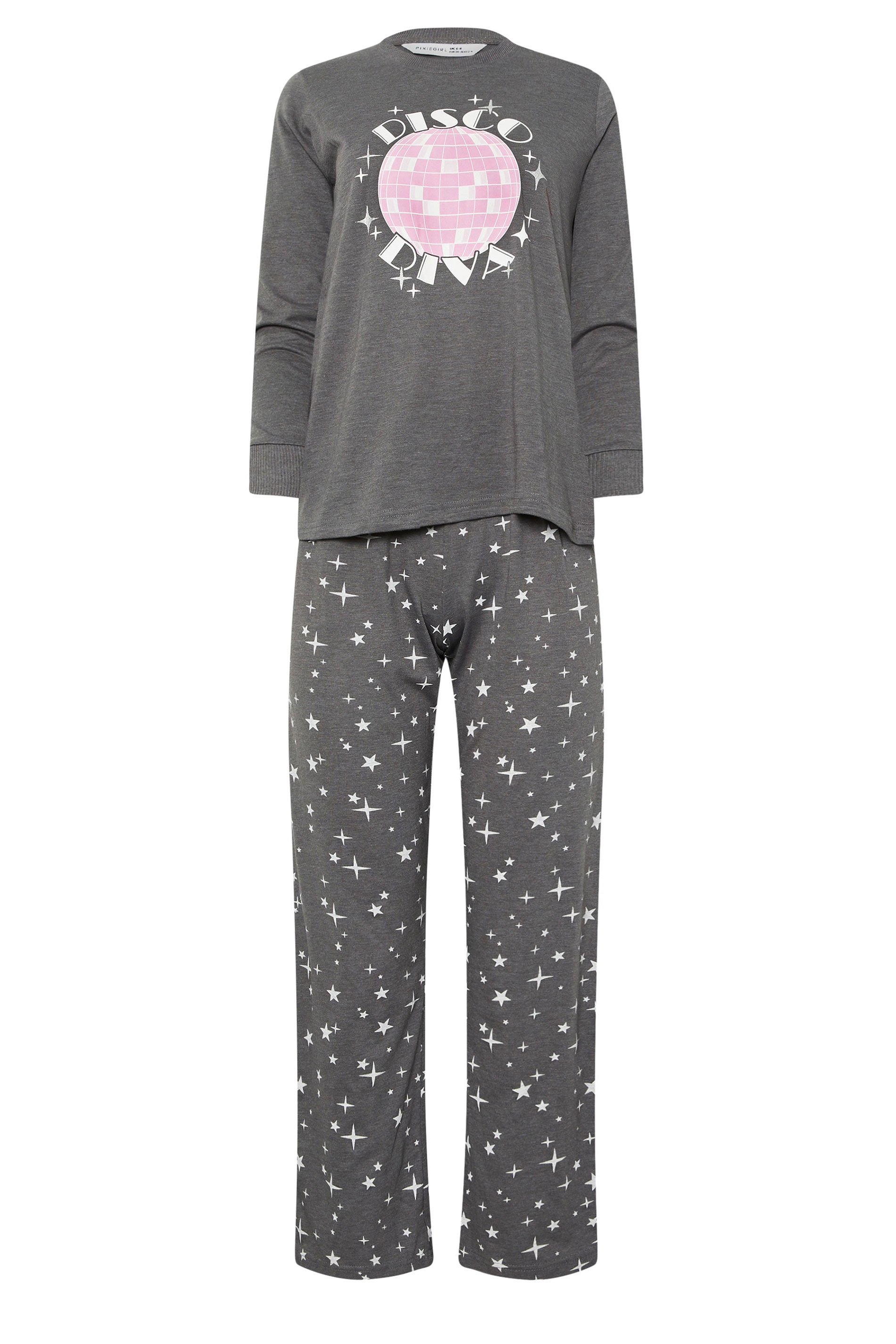 PixieGirl Petite Women's Grey Disco Diva Slogan Pyjama Set | PixieGirl 5