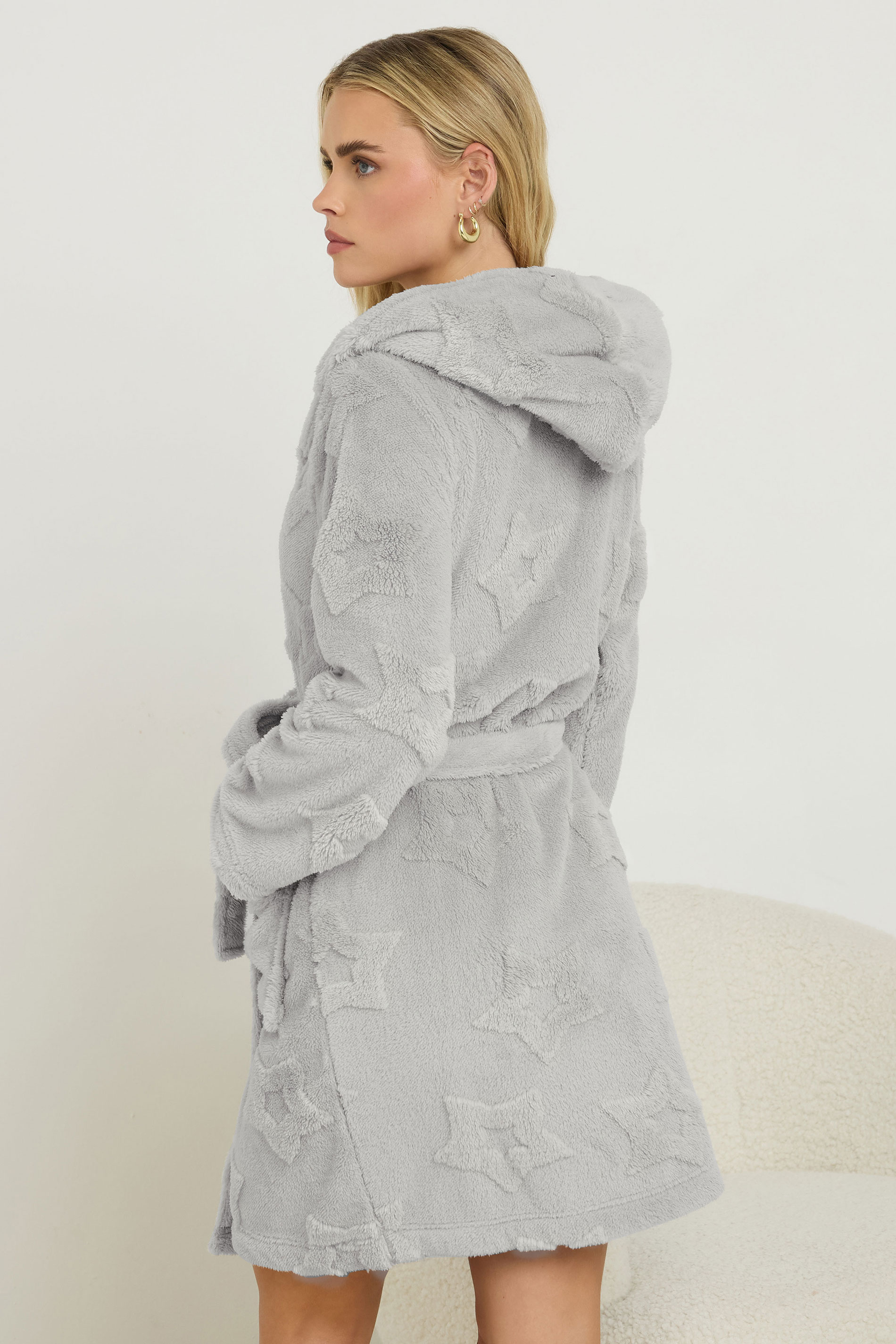 PixieGirl Petite Women's Grey Star Embossed Short Hooded Dressing Gown | PixieGirl 3