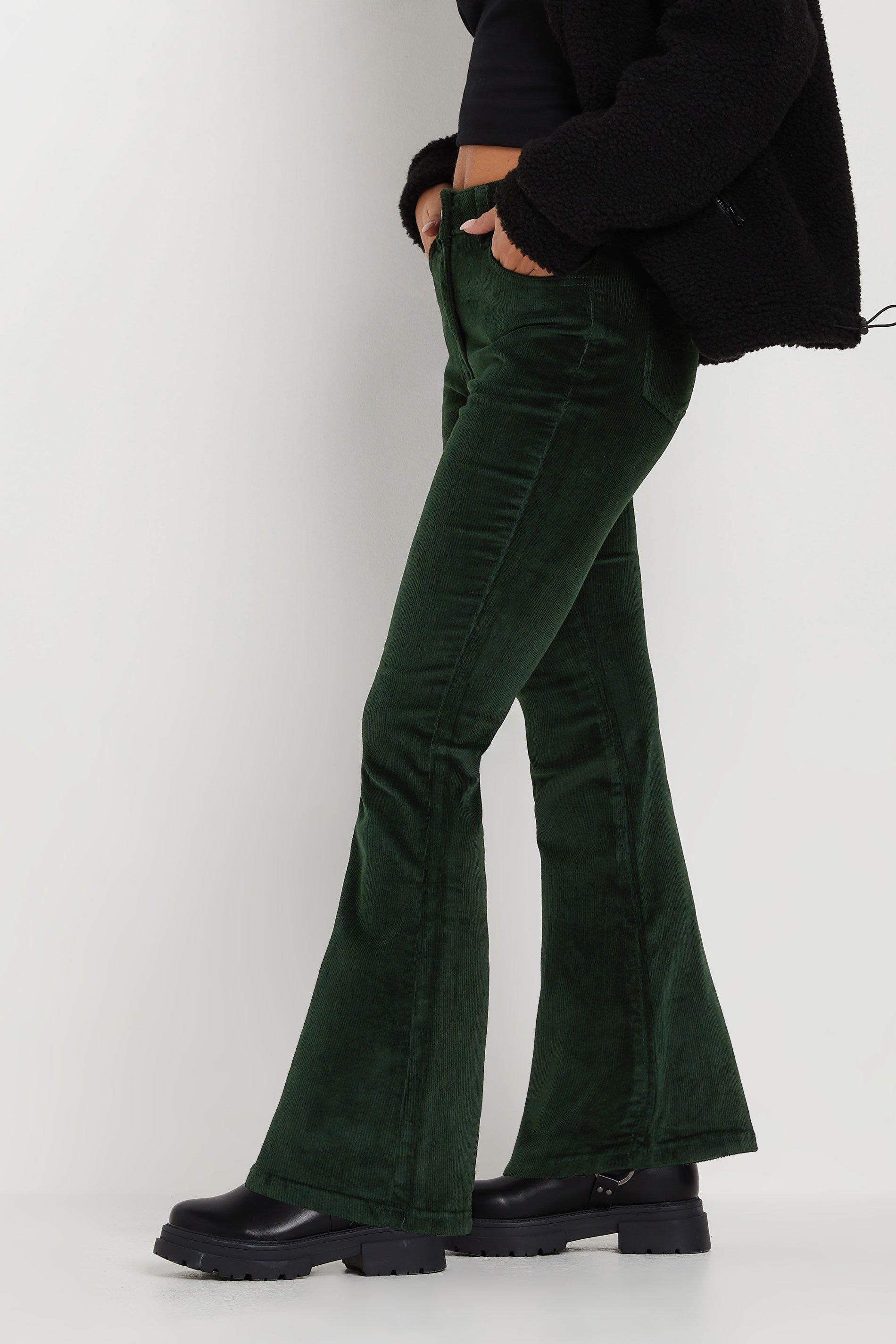 PixieGirl Petite Women's Dark Green Cord Flared Trousers | PixieGirl 2