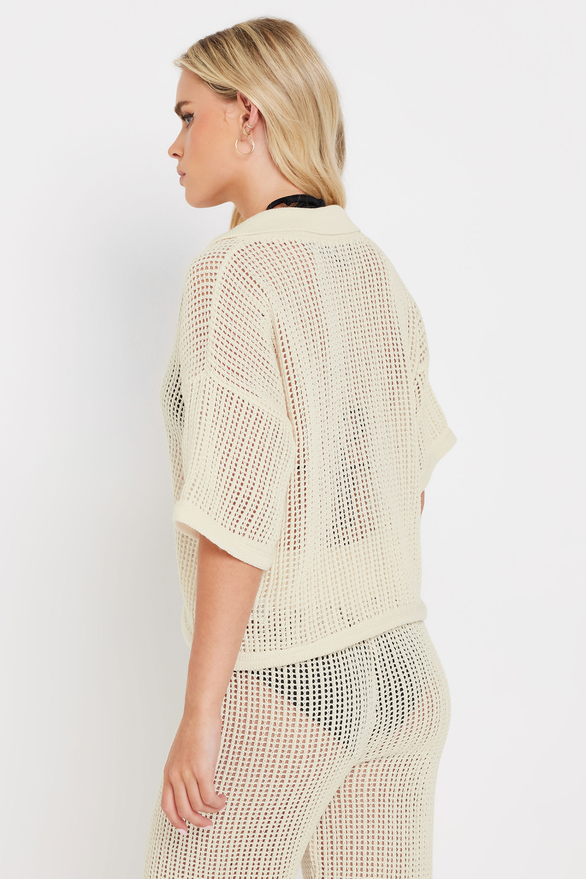 PixieGirl Petite Women's Cream Crochet Short Sleeve Shirt | PixieGirl 3