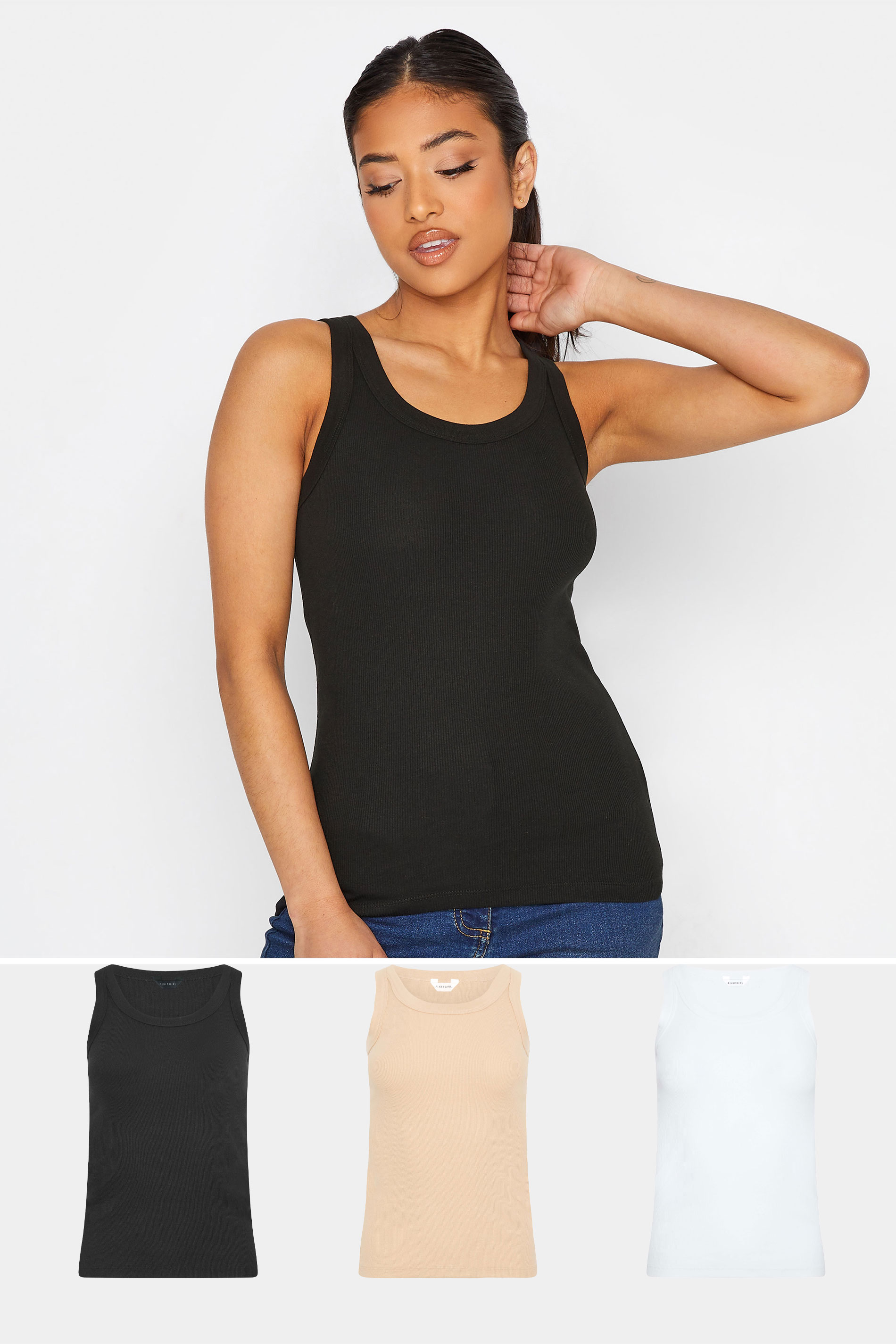 PixieGirl Petite Women's 3 PACK Black & White Ribbed Vest Top | PixieGirl 1
