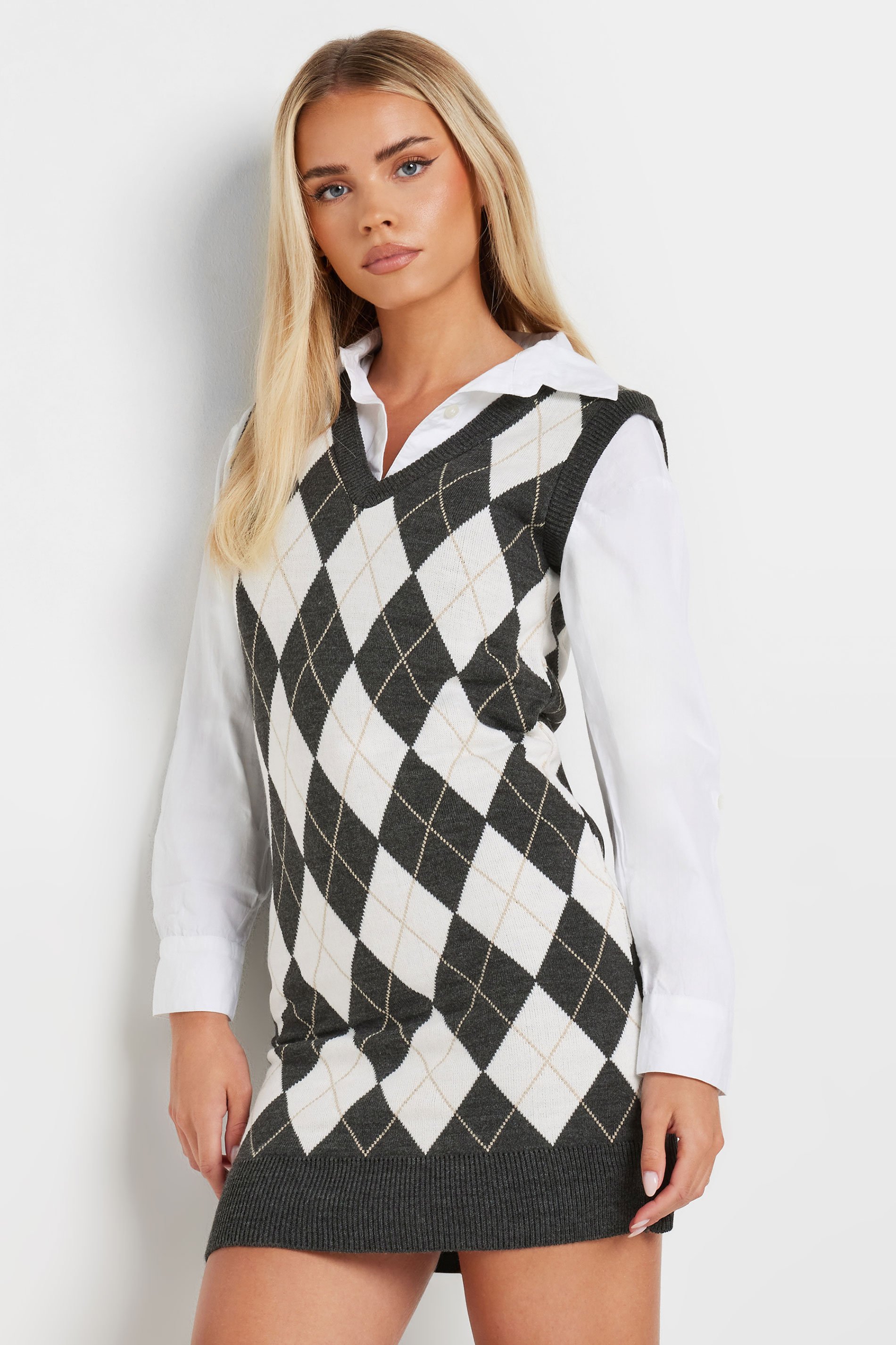 PixieGirl Petite Women's Charcoal Grey Argyle Check Print Sleeveless Dress | PixieGirl 1