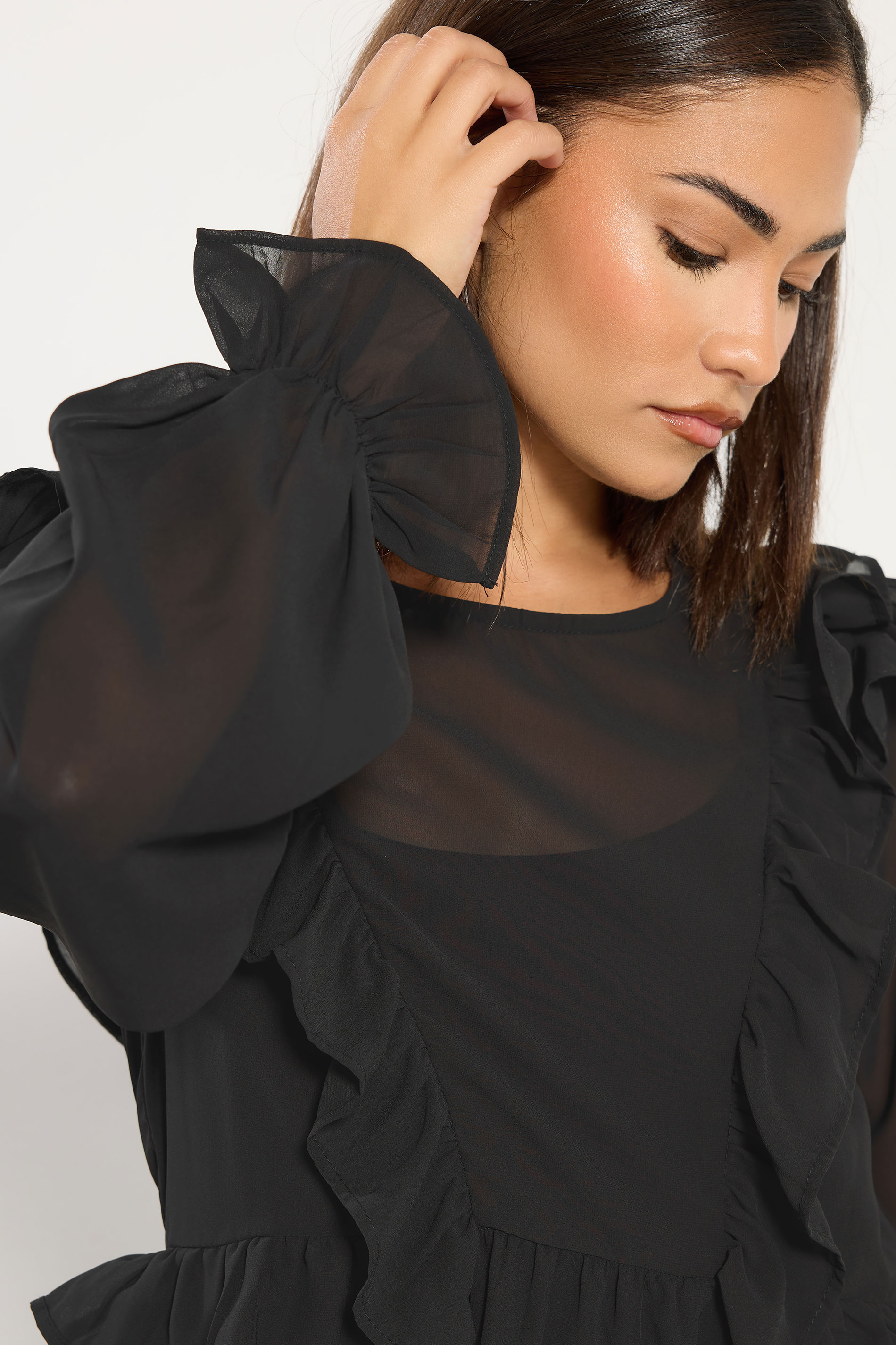 PixieGirl Petite Women's Black Frill Shoulder Chiffon Blouse | PixieGirl 4