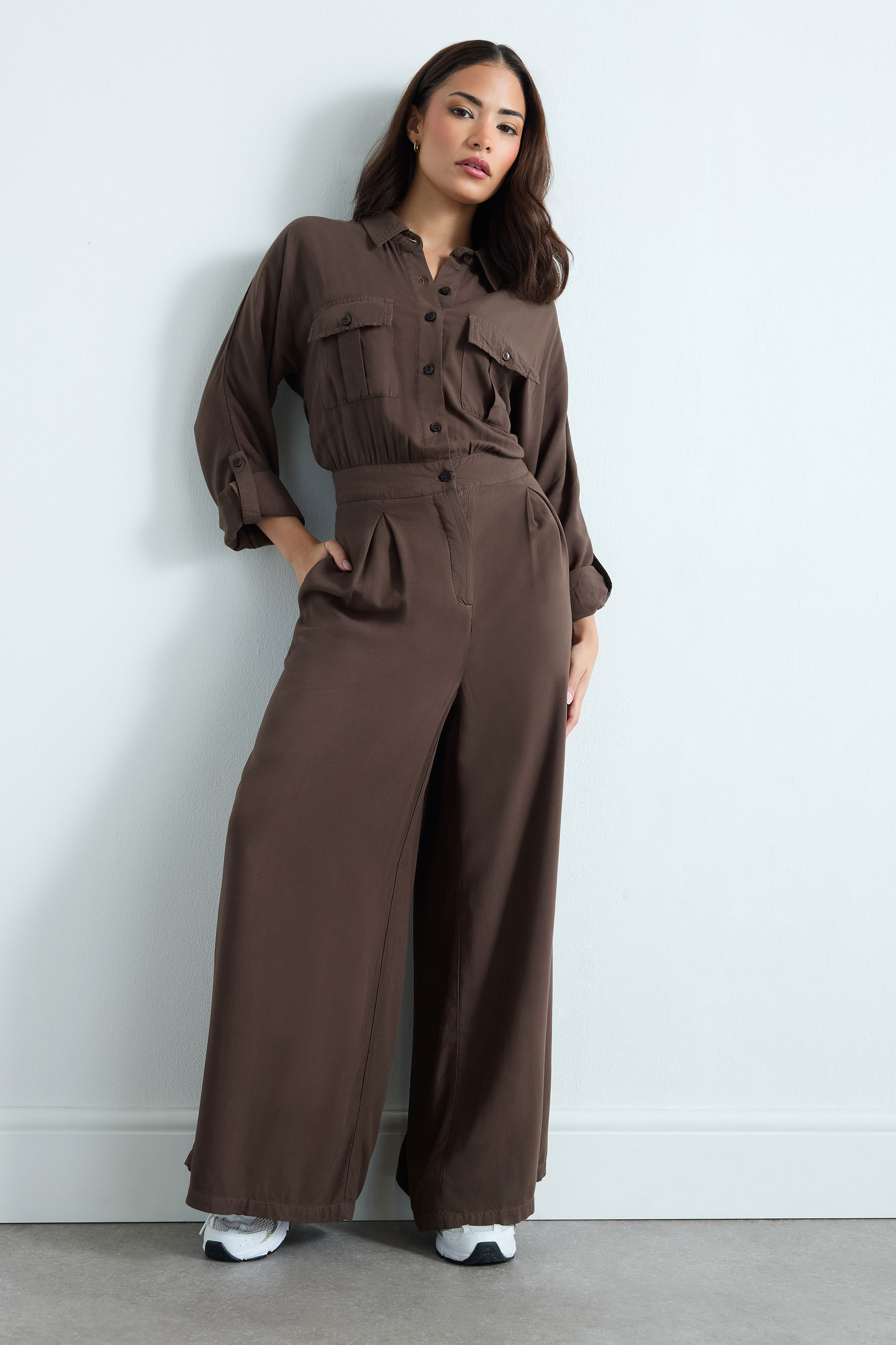 PixieGirl Petite Women's Chocolate Brown Wide Leg Jumpsuit | PixieGirl 1