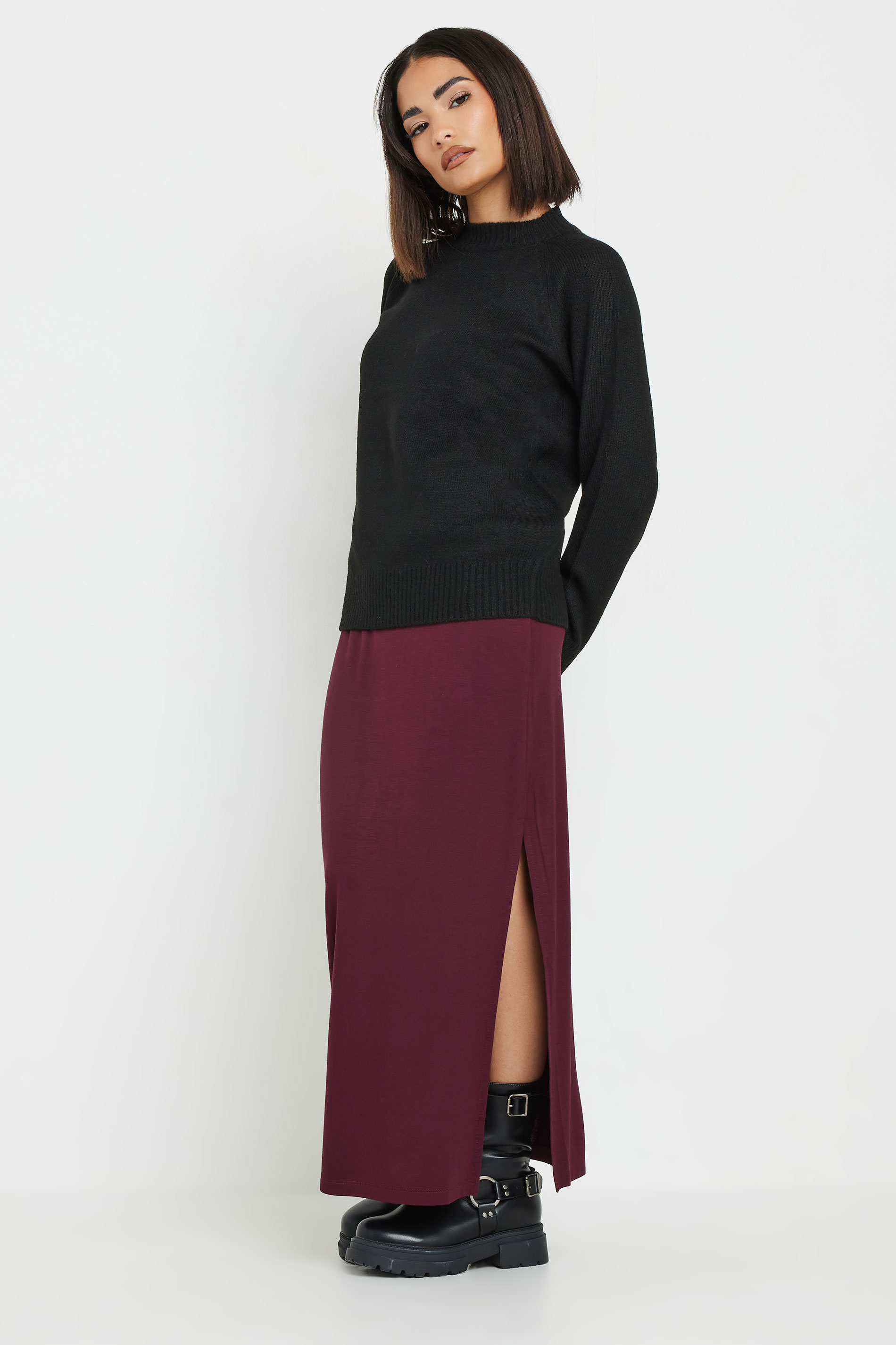 PixieGirl Petite Women's Burgundy Red Side Split Maxi Skirt | PixieGirl 1