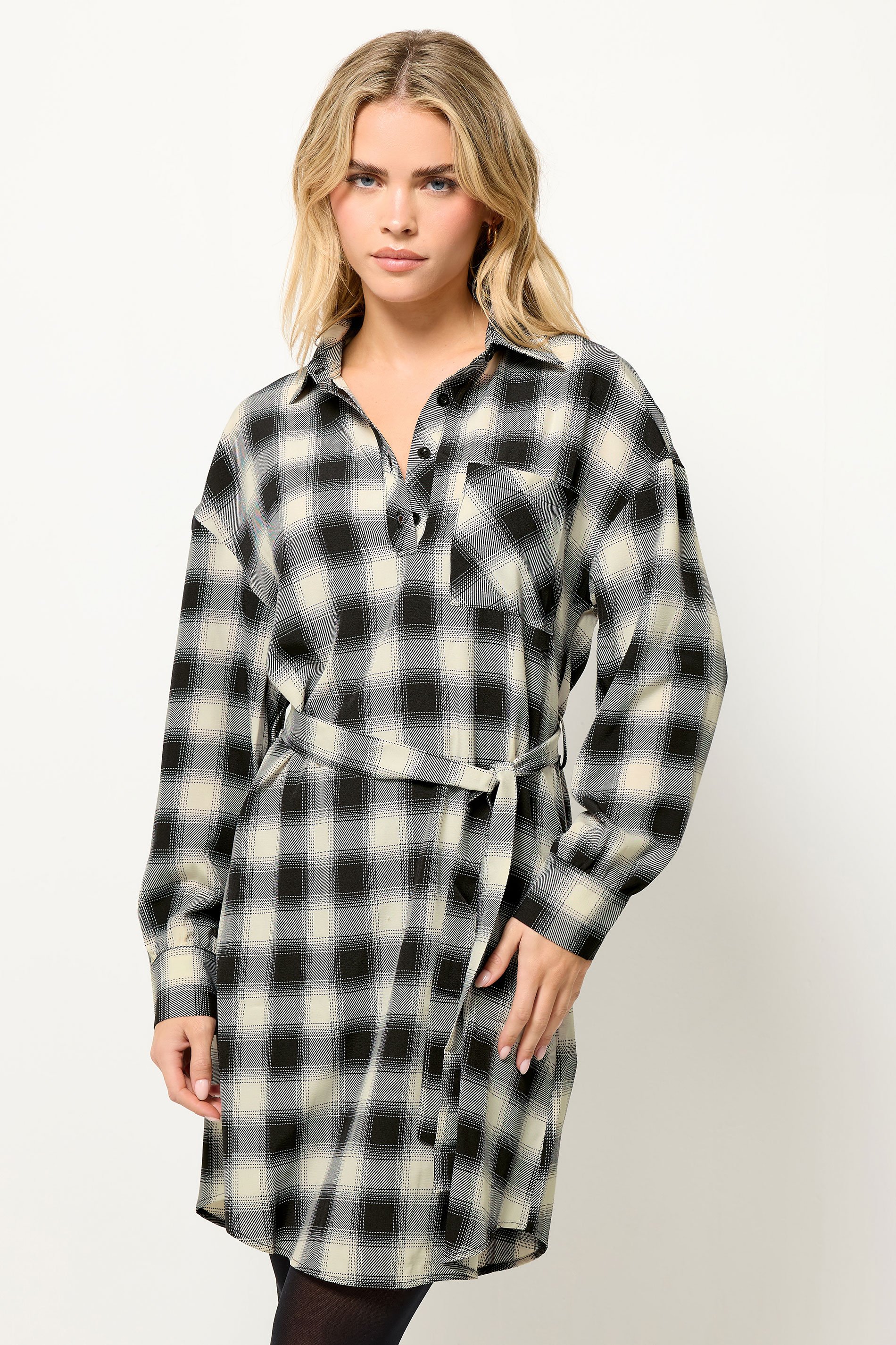 PixieGirl Petite Women's Black Check Print Shirt Dress | PixieGirl 1