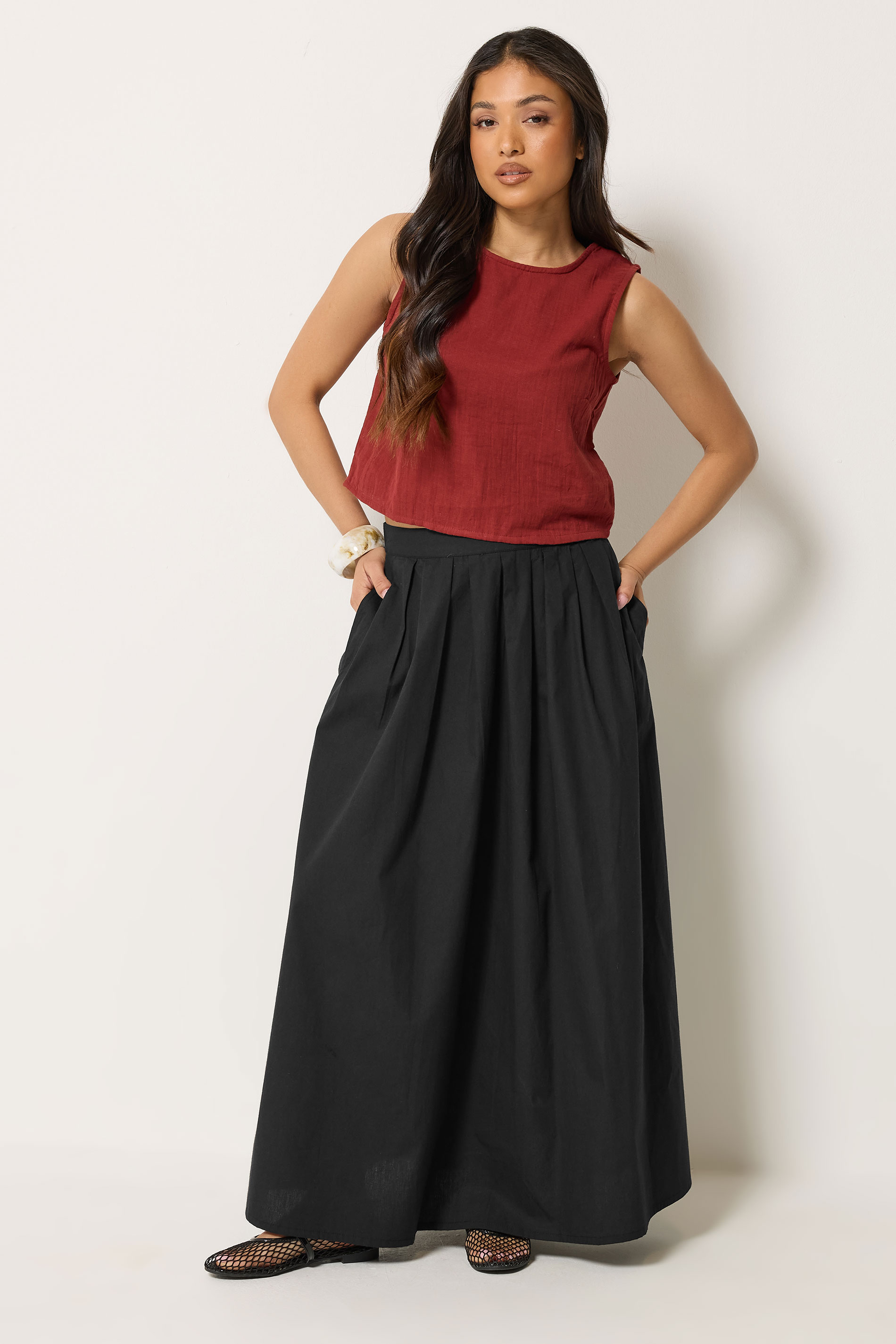 Pixiegirl Women's Black Petite Cotton Poplin Maxi Skirt Size 10