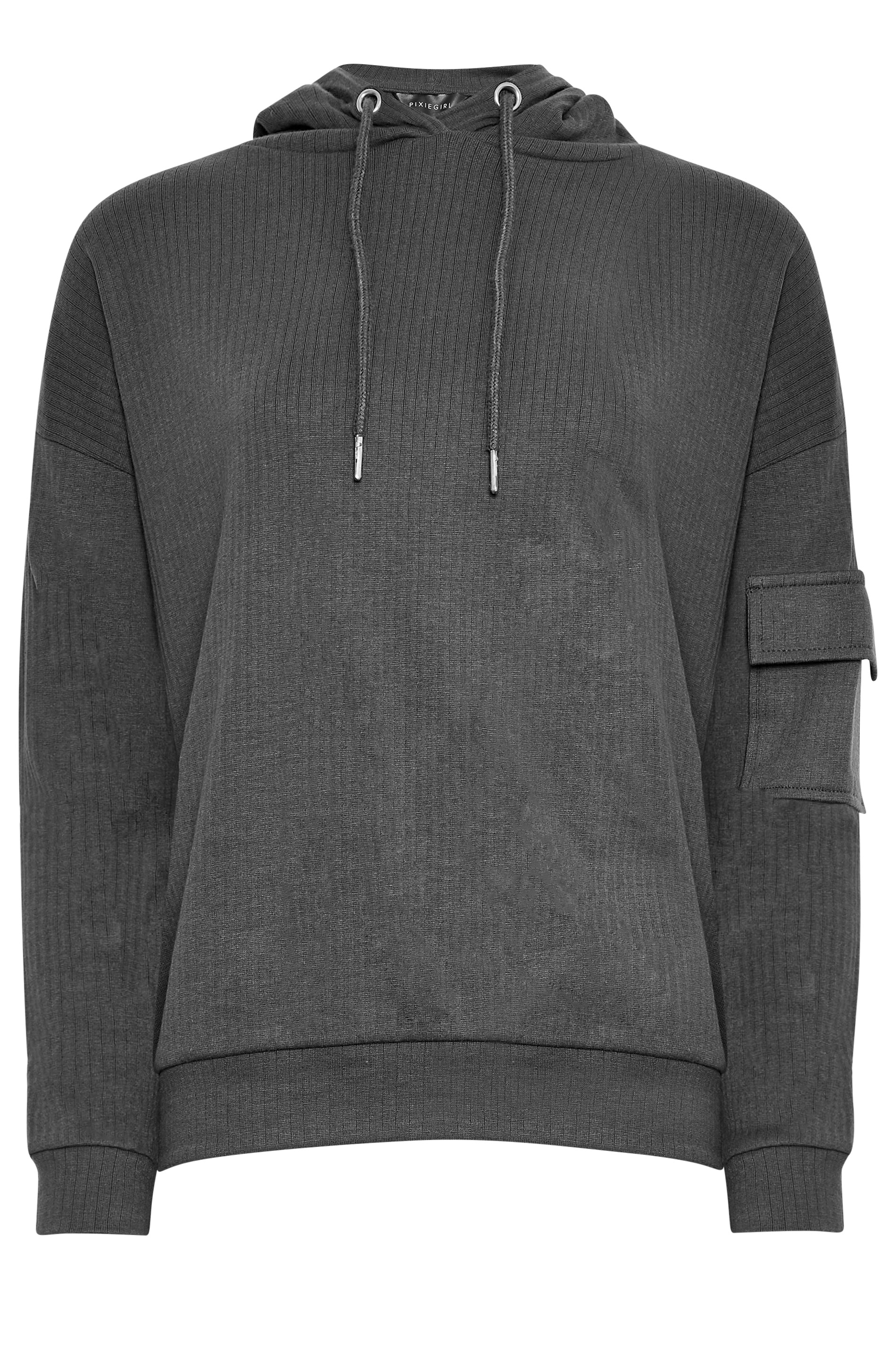 PixieGirl Petite Women's Charcoal Grey Ribbed Cargo Hoodie | PixieGirl 5