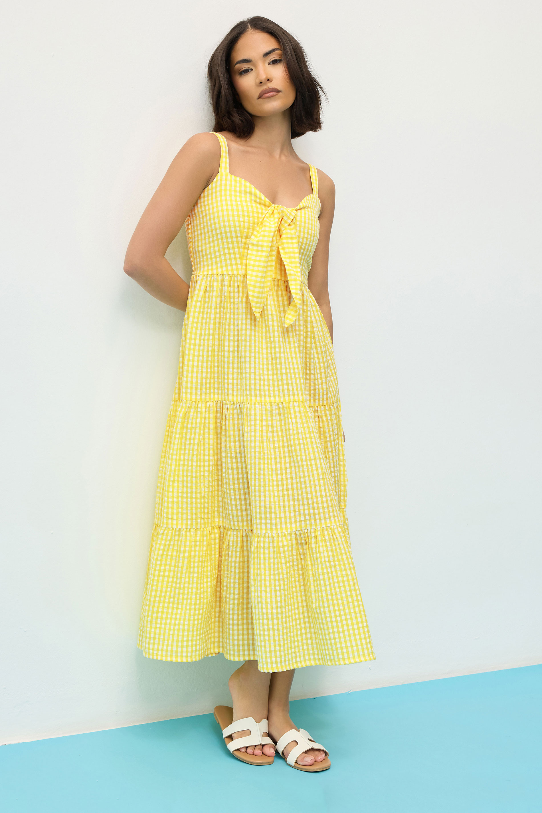 PixieGirl Petite Women's Yellow Gingham Tie Front Midaxi Dress | PixieGirl 3